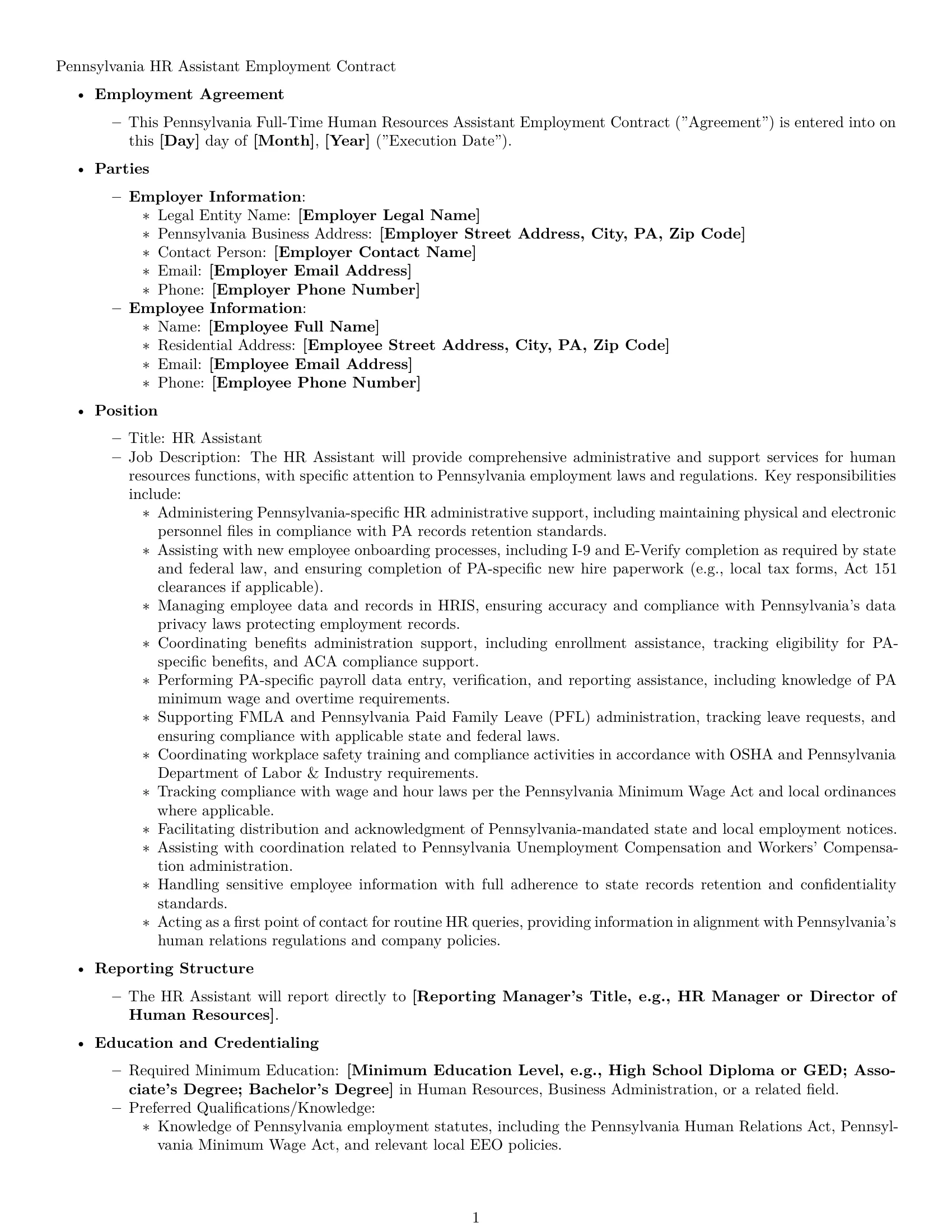 Preview page 1 of Pro Pennsylvania HR assistant employment contract template
