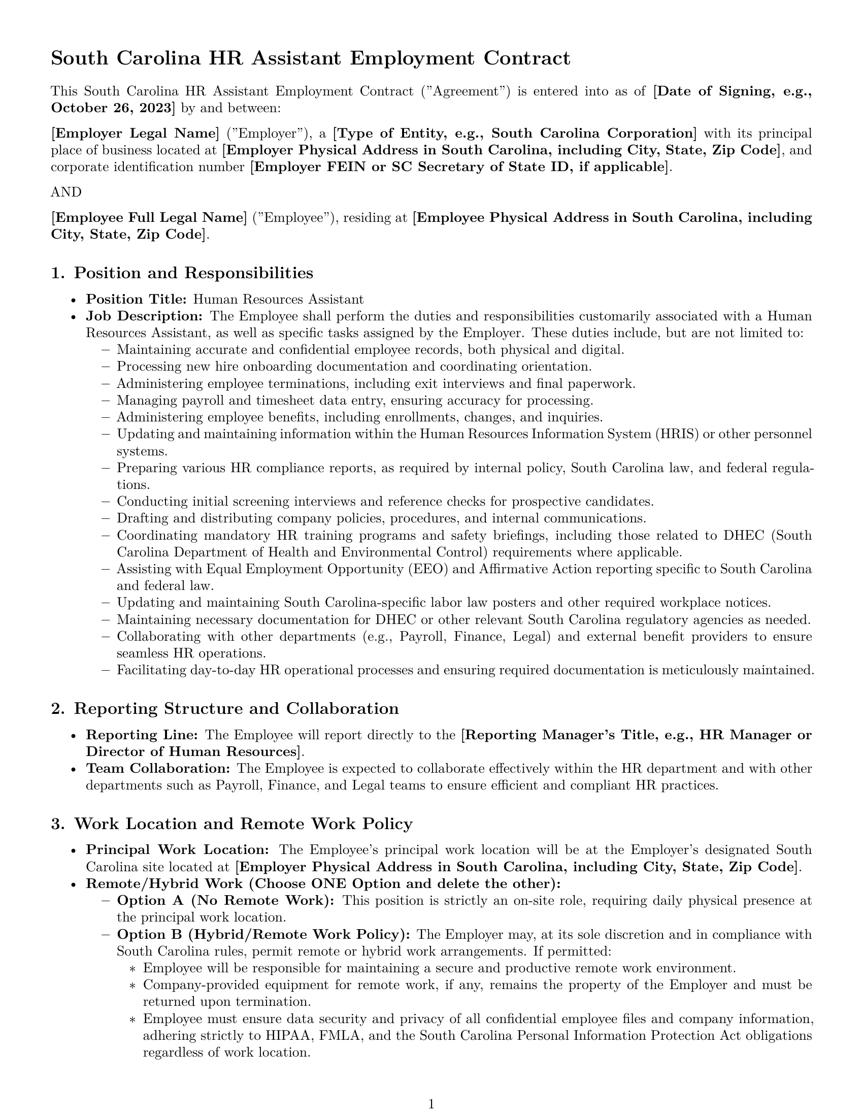 Preview page 1 of Pro South Carolina HR assistant employment contract template