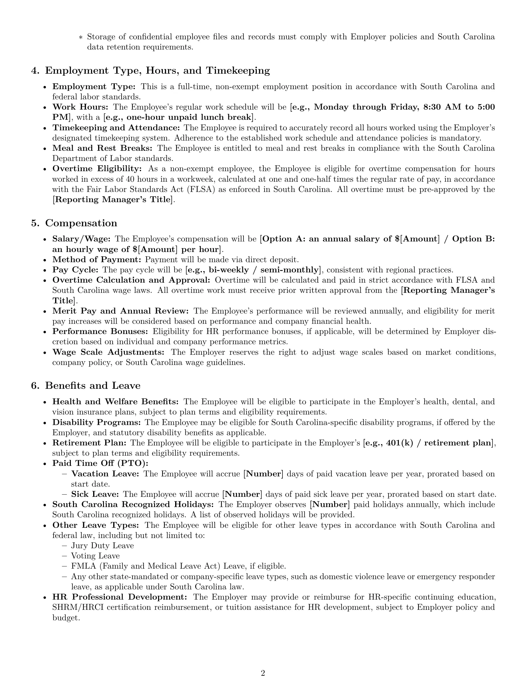 Preview page 2 of Pro South Carolina HR assistant employment contract template