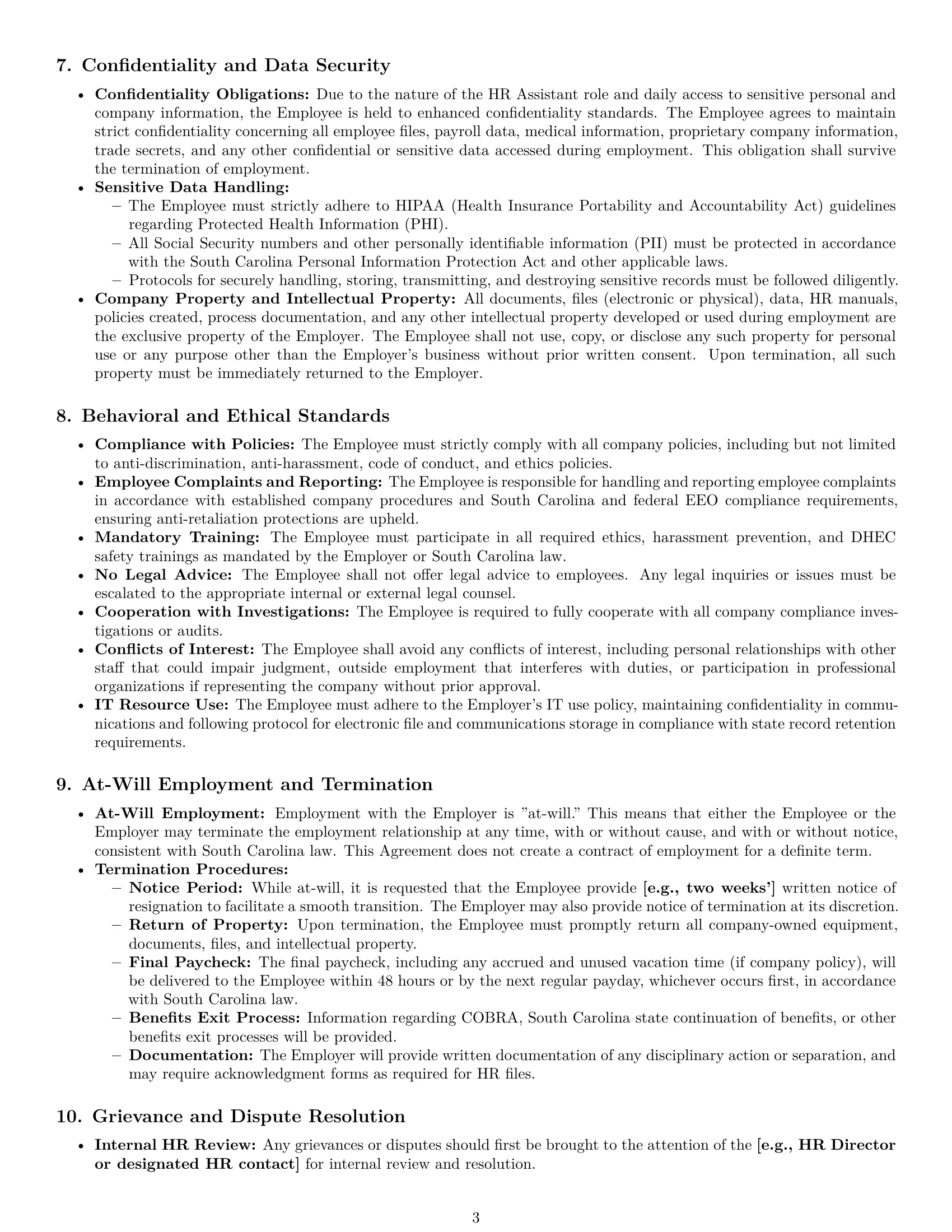 Preview page 3 of Pro South Carolina HR assistant employment contract template