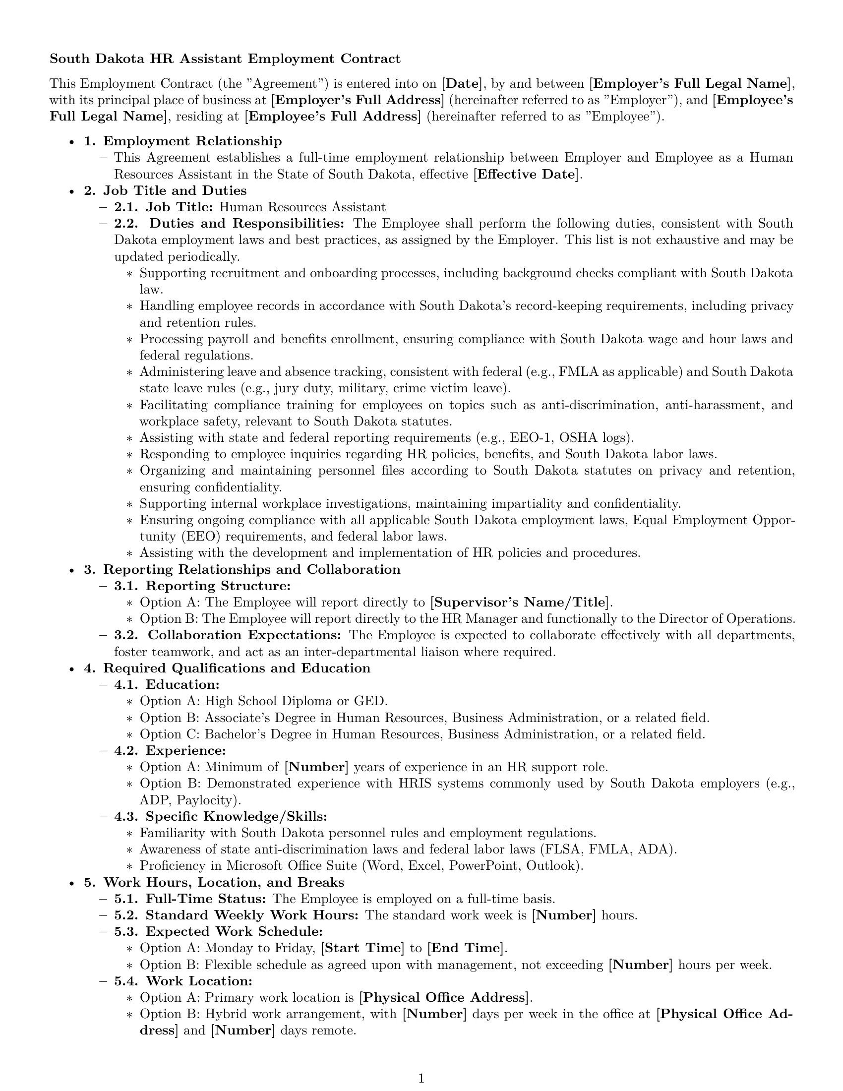 Preview page 1 of Pro South Dakota HR assistant employment contract template