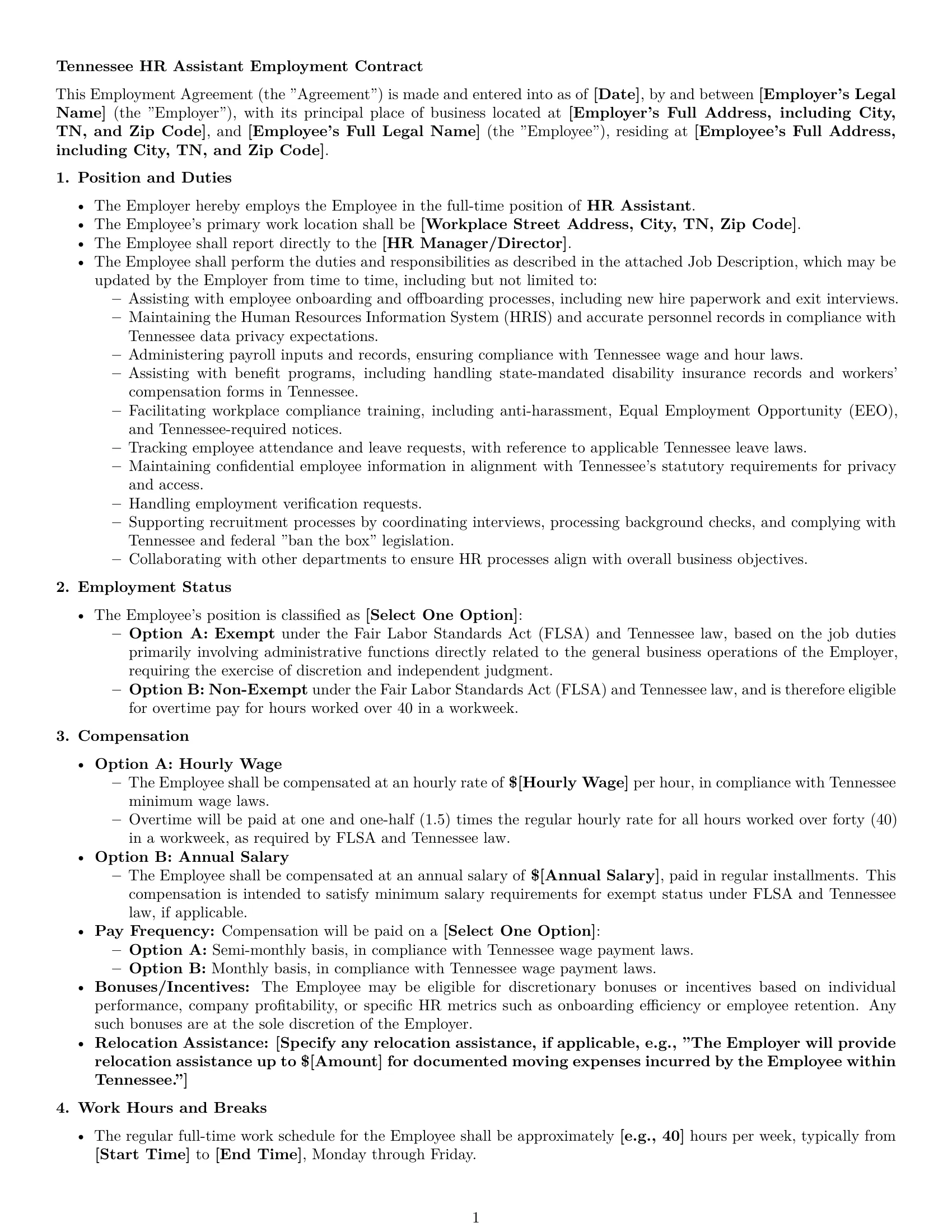 Preview page 1 of Pro Tennessee HR assistant employment contract template