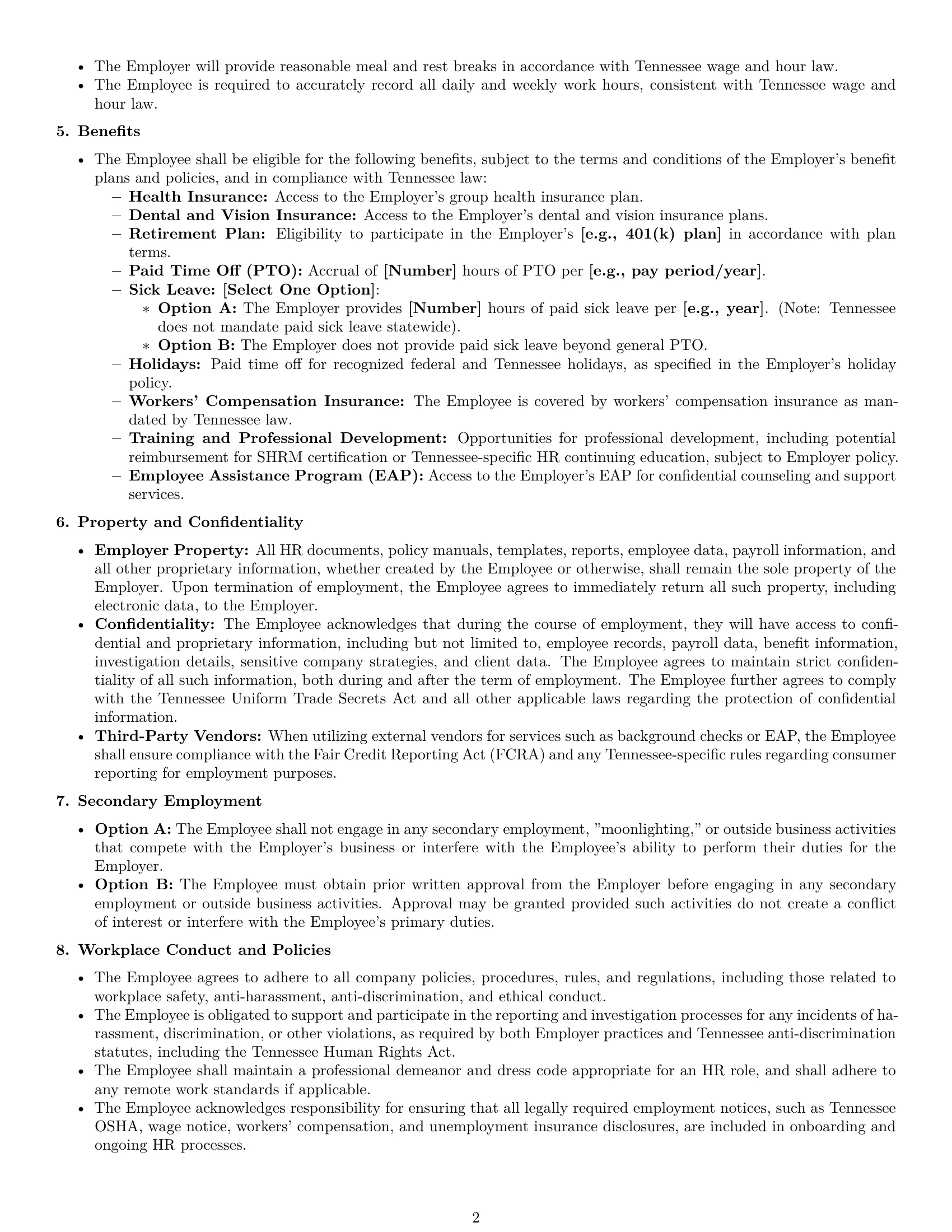 Preview page 2 of Pro Tennessee HR assistant employment contract template