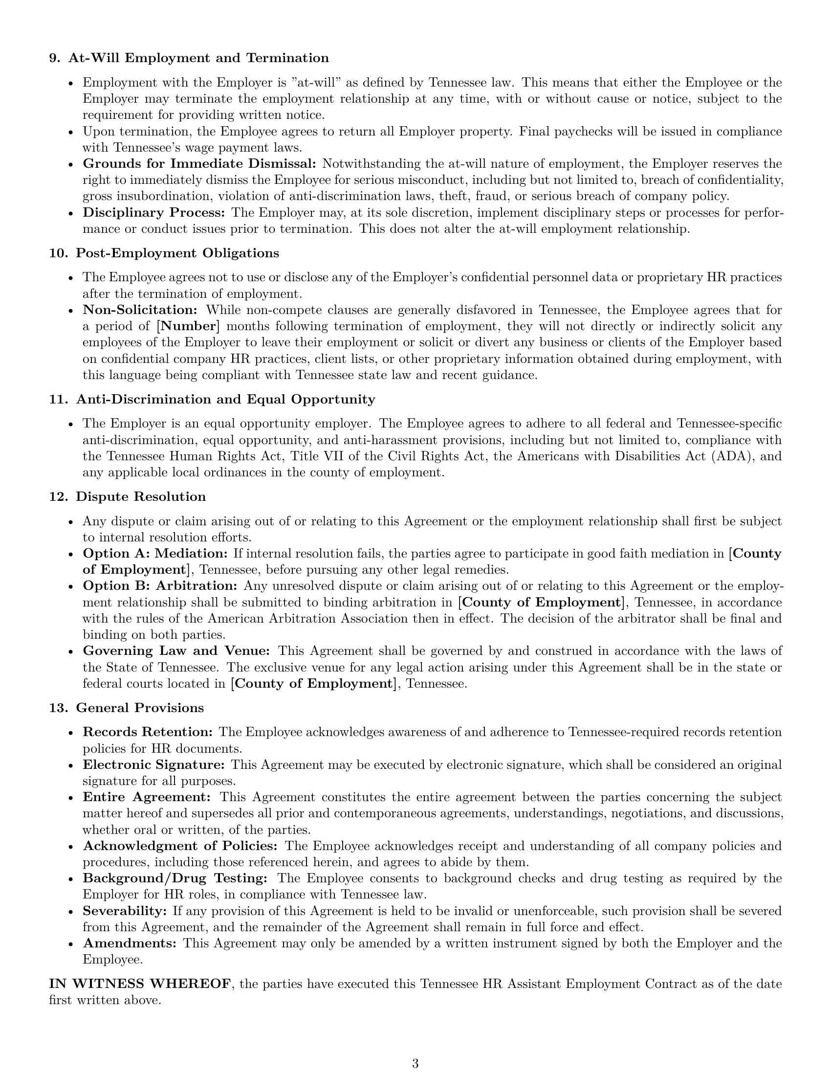 Preview page 3 of Pro Tennessee HR assistant employment contract template
