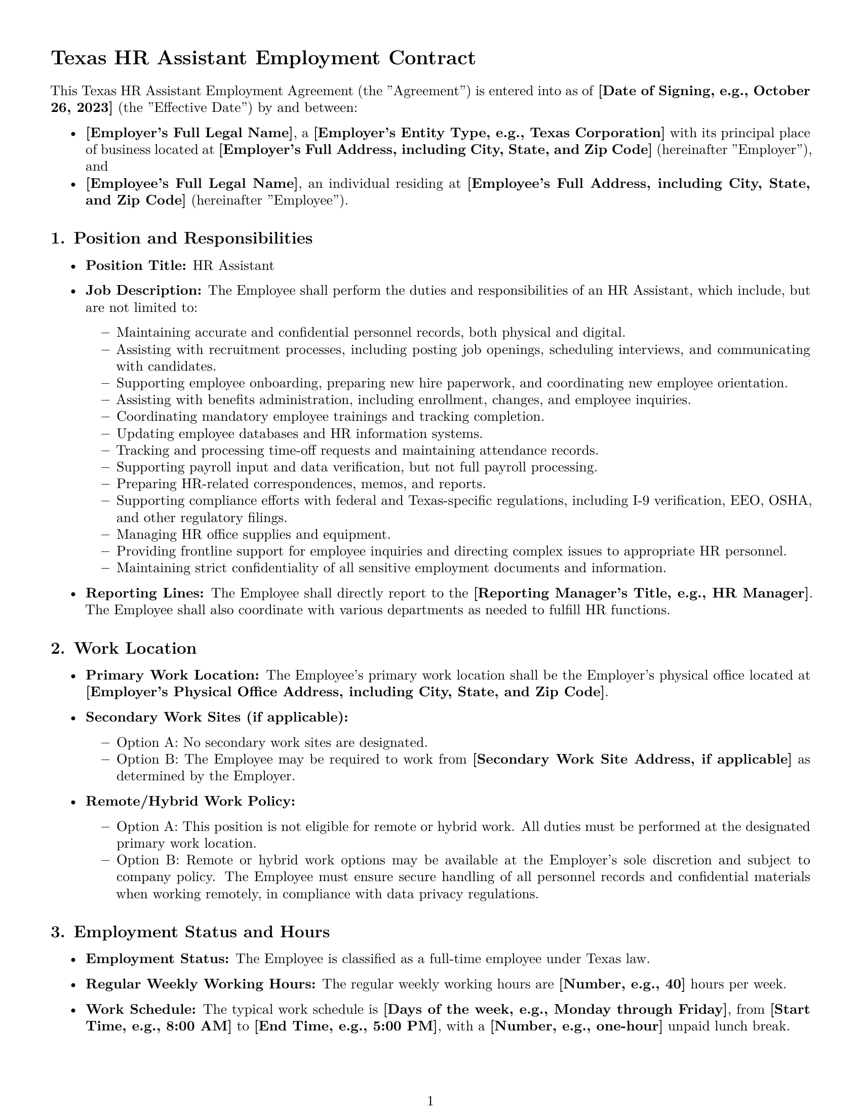 Preview page 1 of Pro Texas HR assistant employment contract template