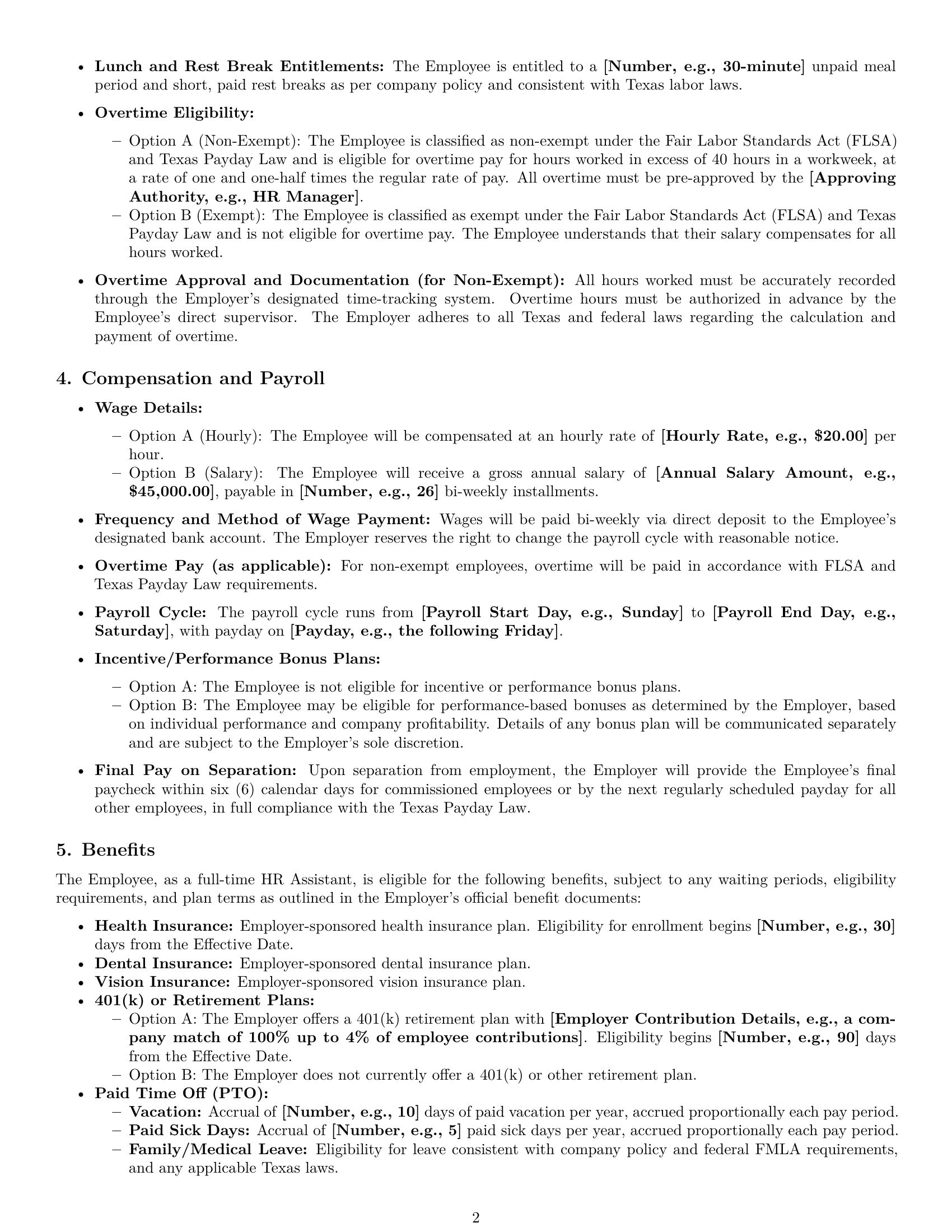 Preview page 2 of Pro Texas HR assistant employment contract template