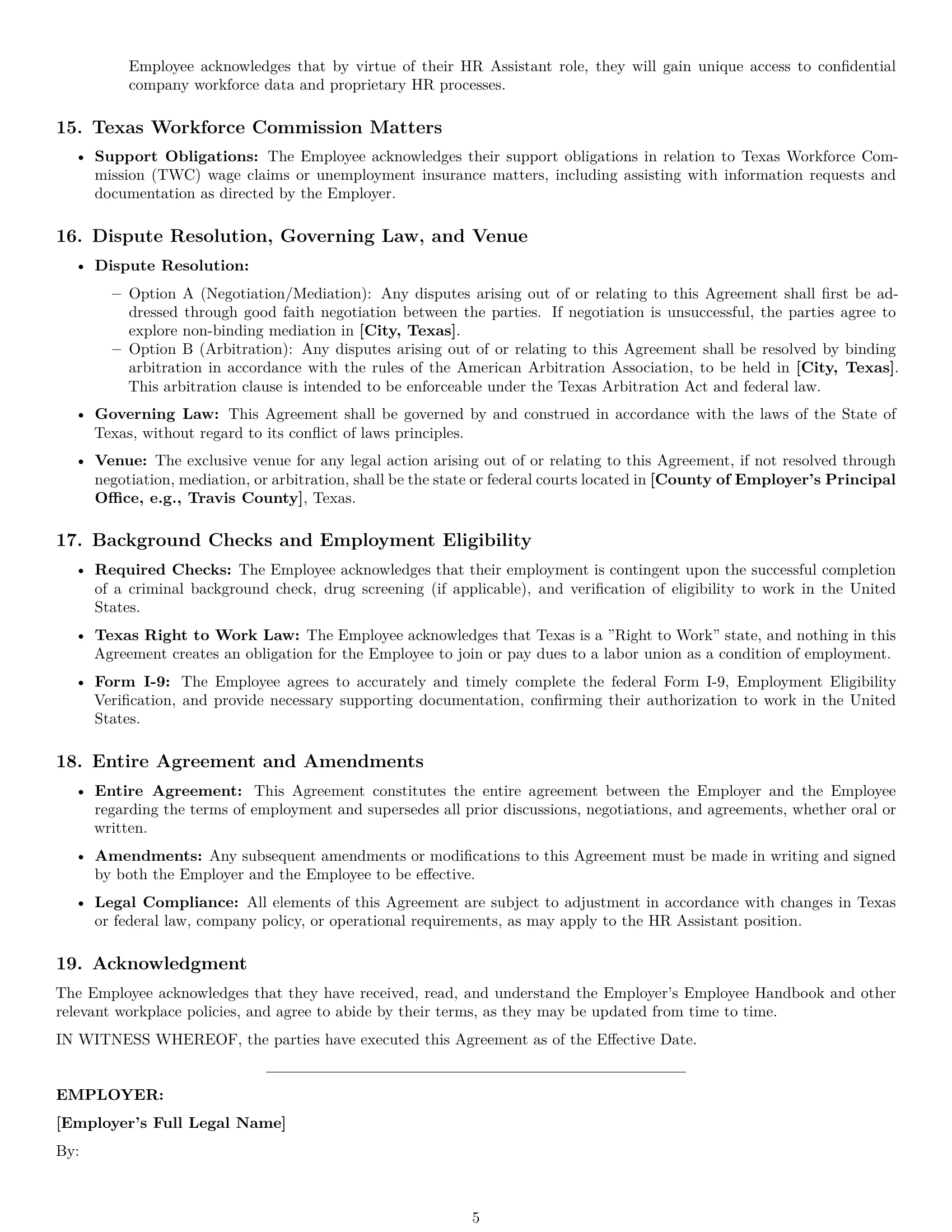 Preview page 5 of Pro Texas HR assistant employment contract template