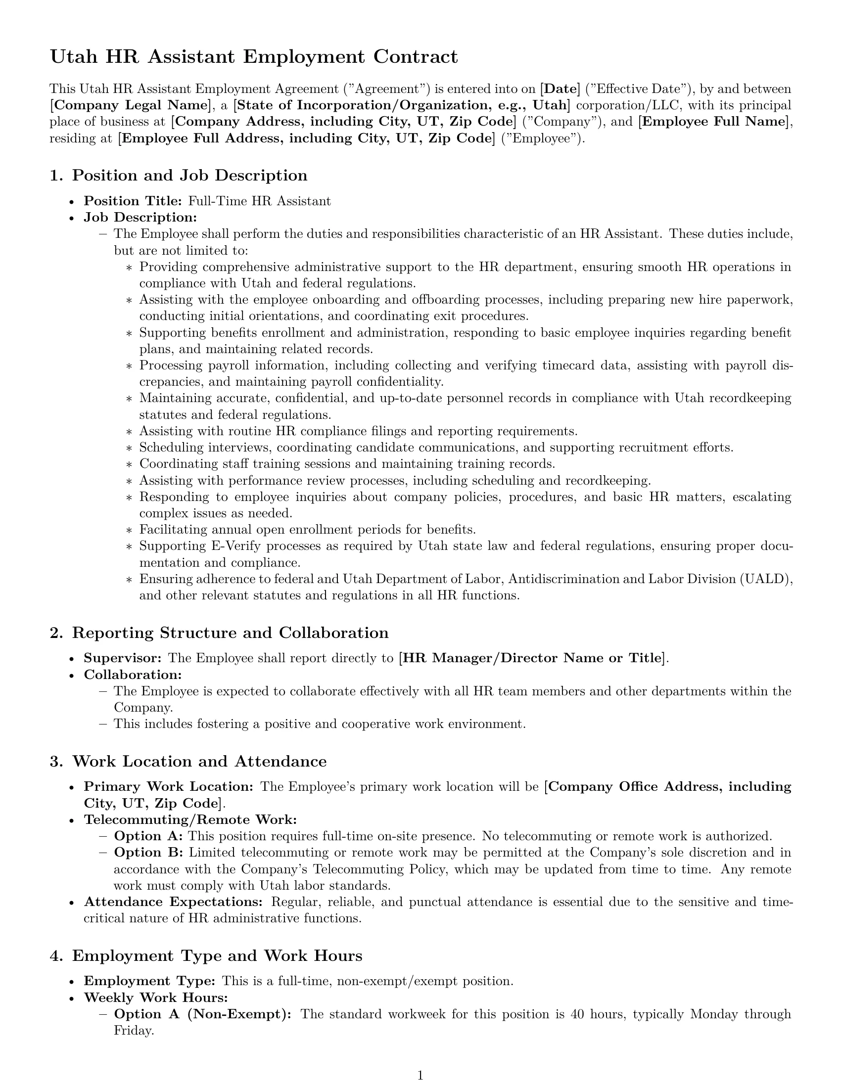 Preview page 1 of Pro Utah HR assistant employment contract template