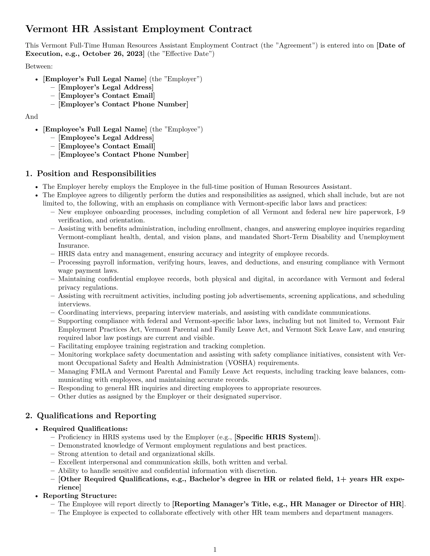 Preview page 1 of Pro Vermont HR assistant employment contract template