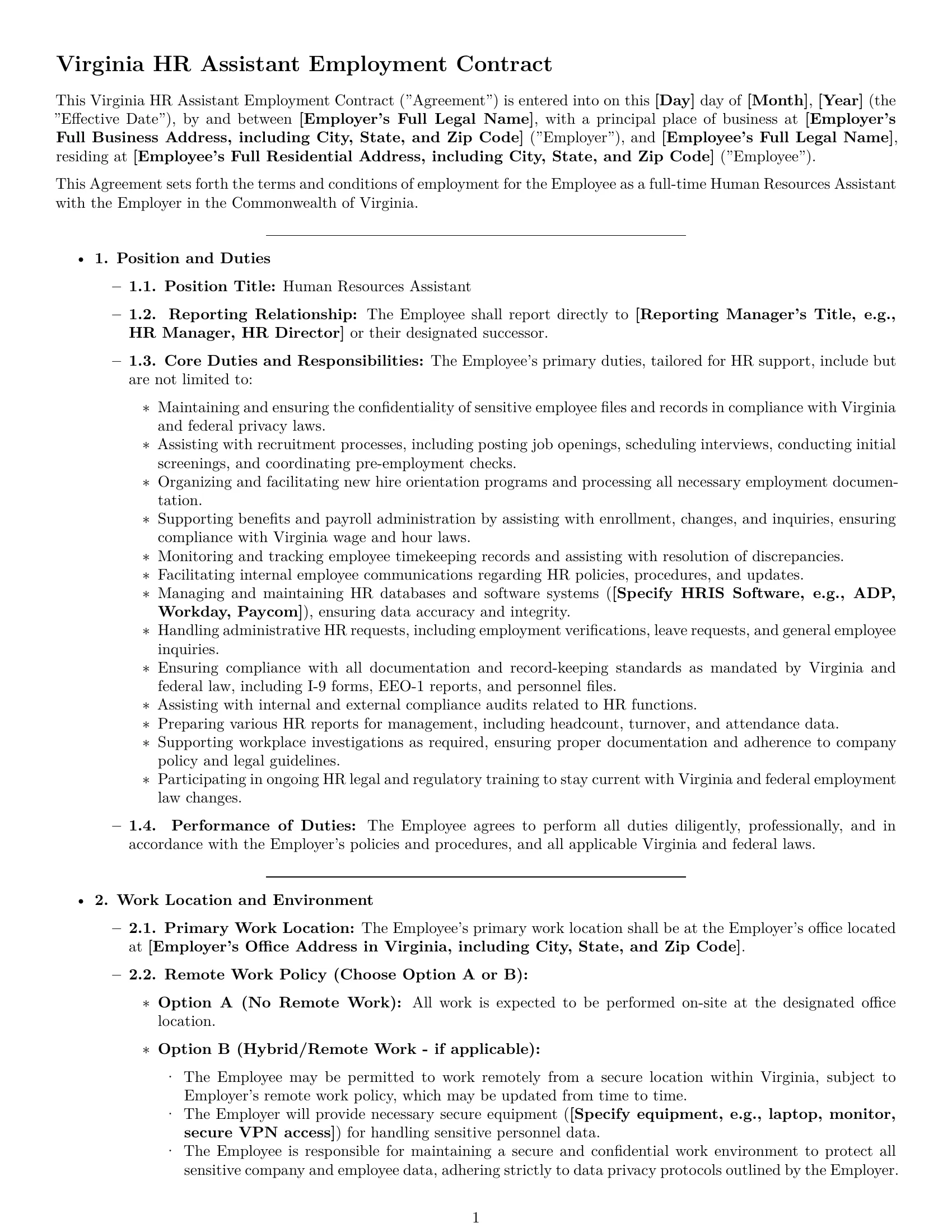 Preview page 1 of Pro Virginia HR assistant employment contract template