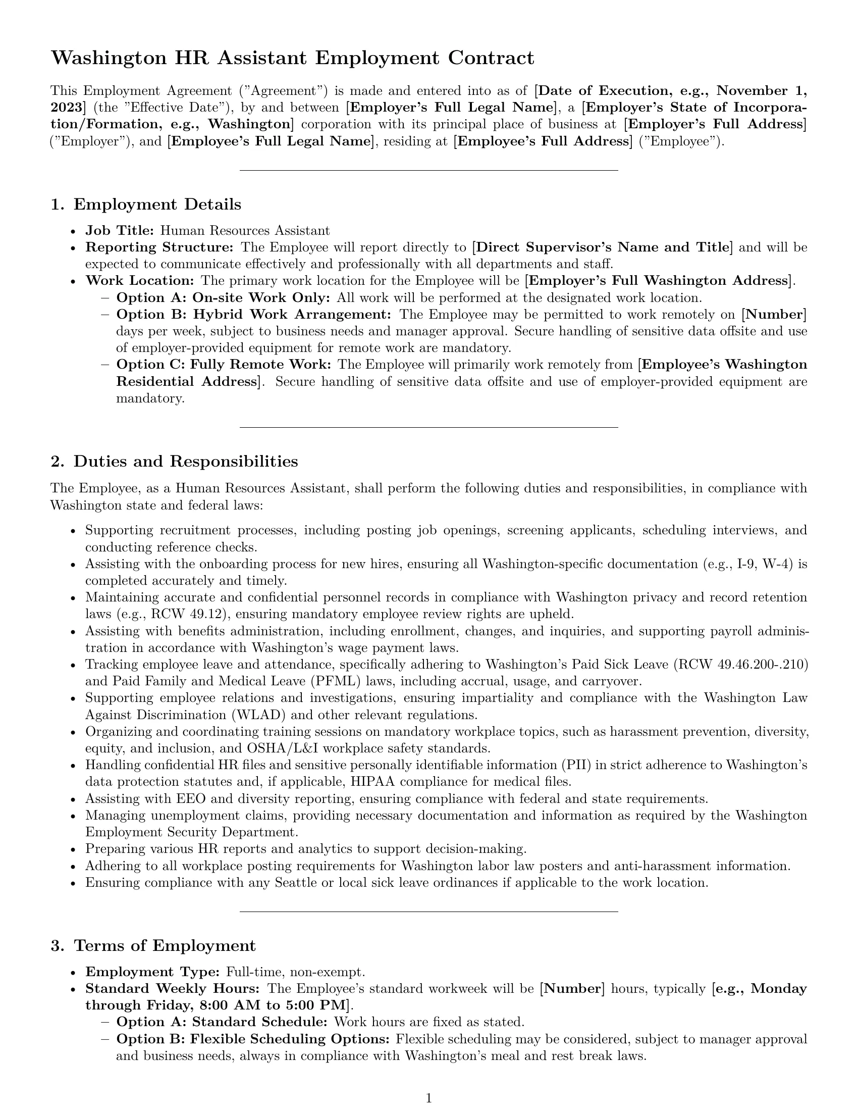 Preview page 1 of Pro Washington HR assistant employment contract template