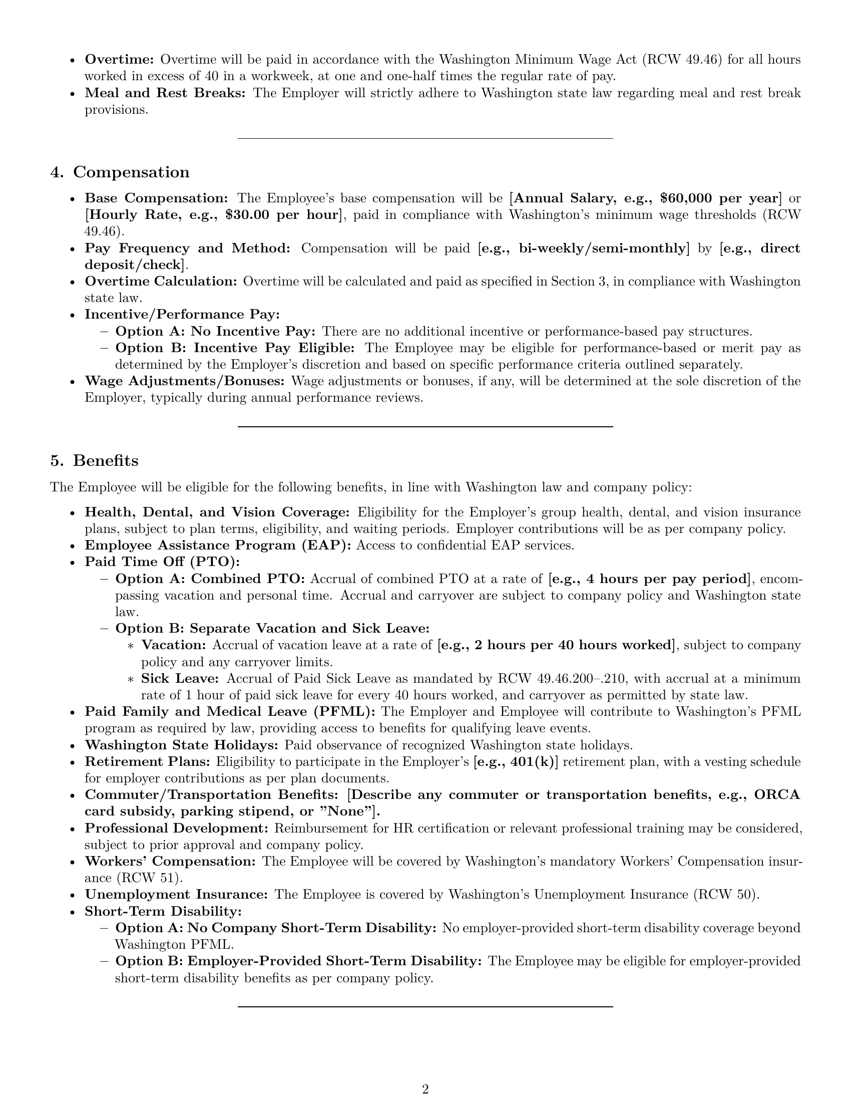 Preview page 2 of Pro Washington HR assistant employment contract template
