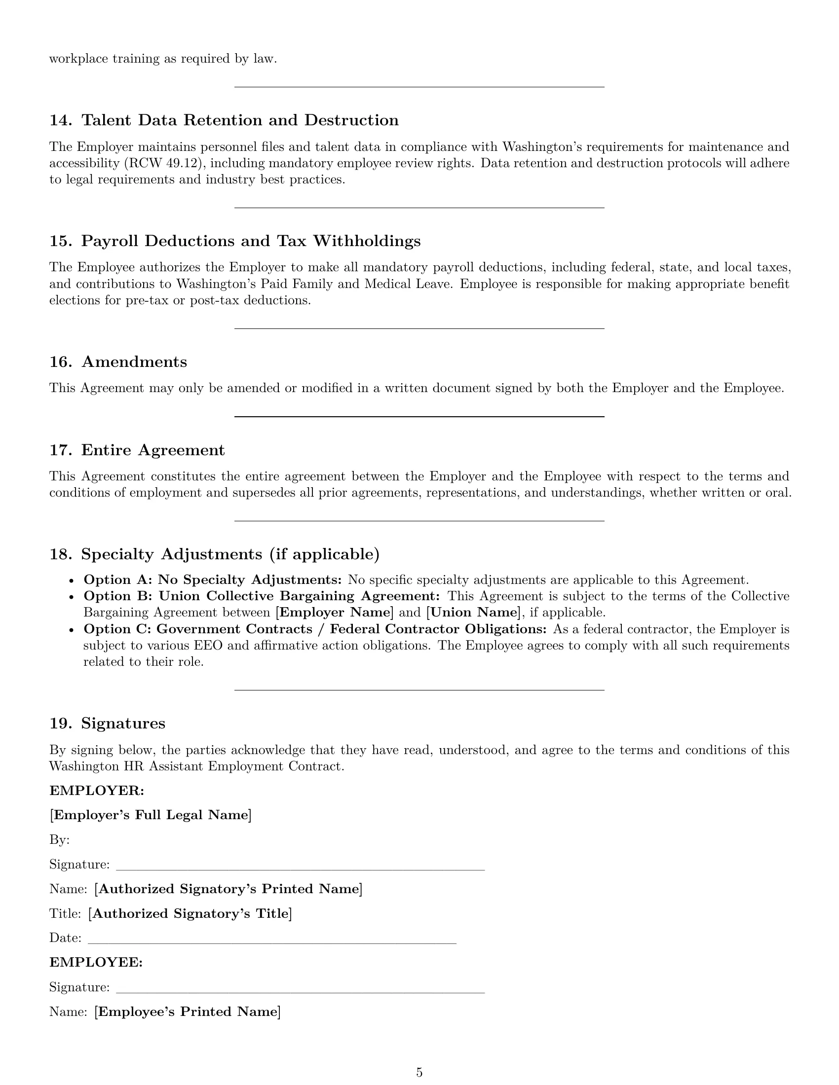 Preview page 5 of Pro Washington HR assistant employment contract template