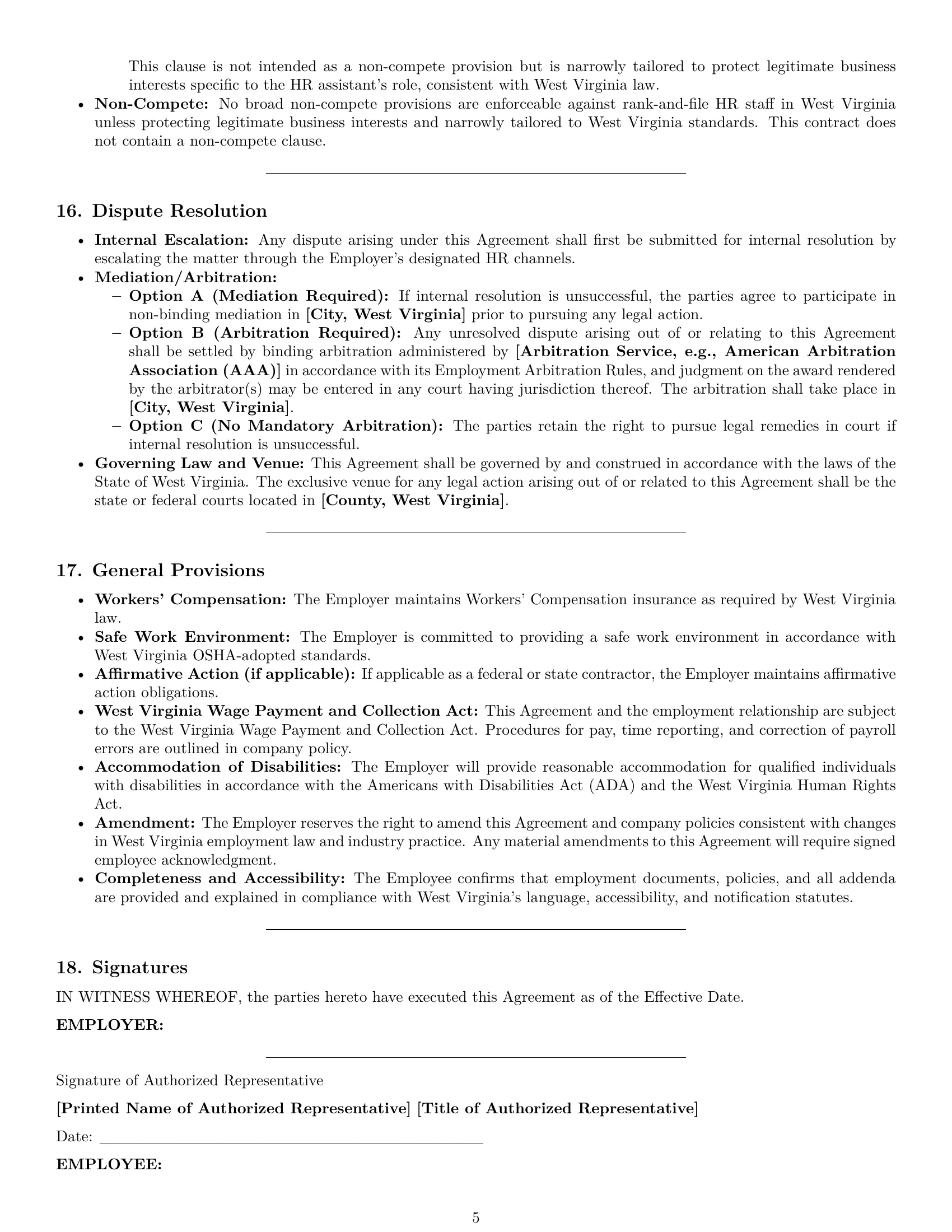 Preview page 5 of Pro West Virginia HR assistant employment contract template