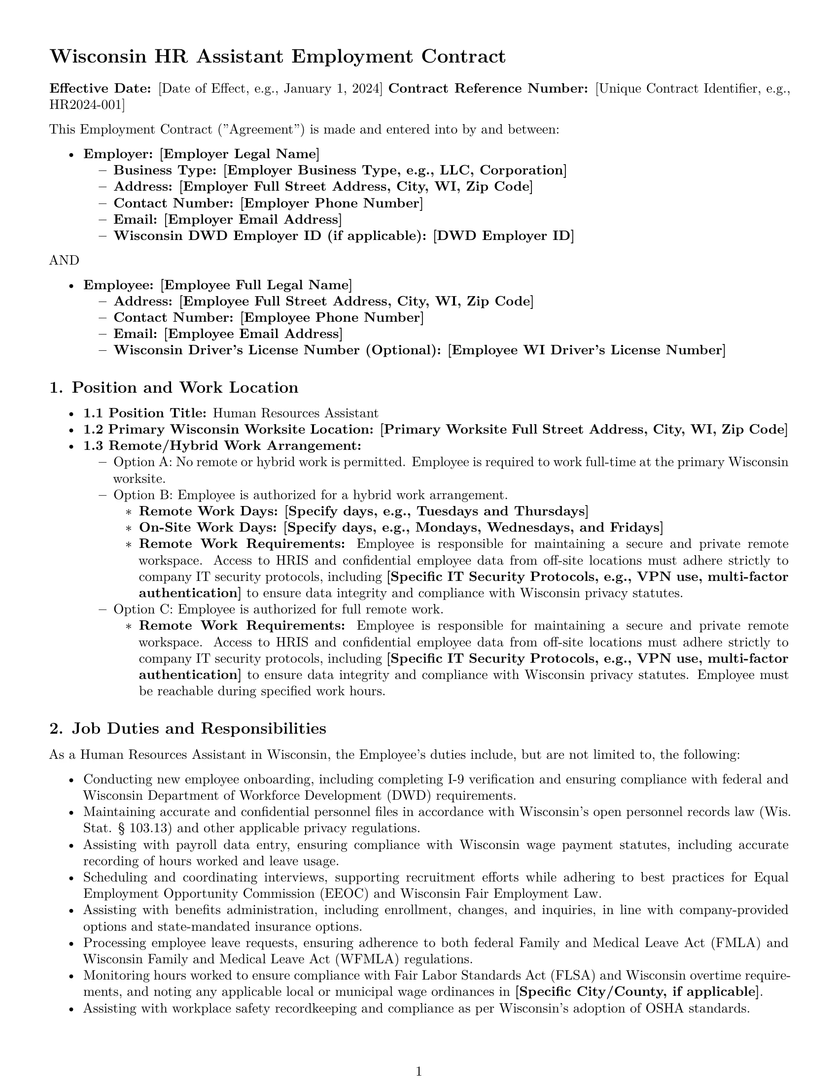 Preview page 1 of Pro Wisconsin HR assistant employment contract template
