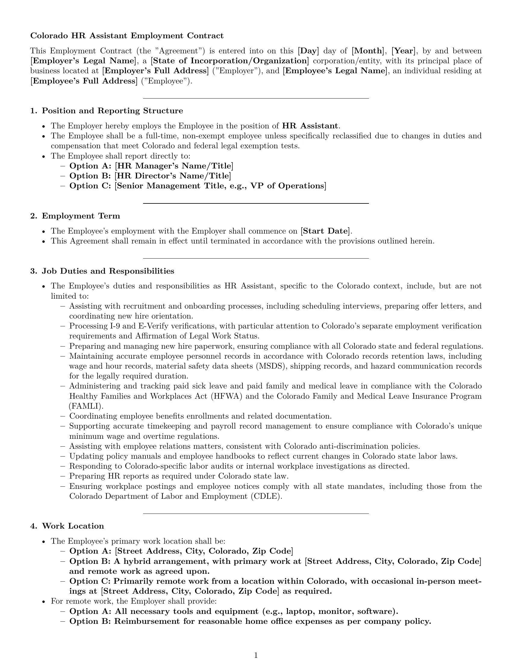 Preview page 1 of Pro Colorado HR assistant employment contract template