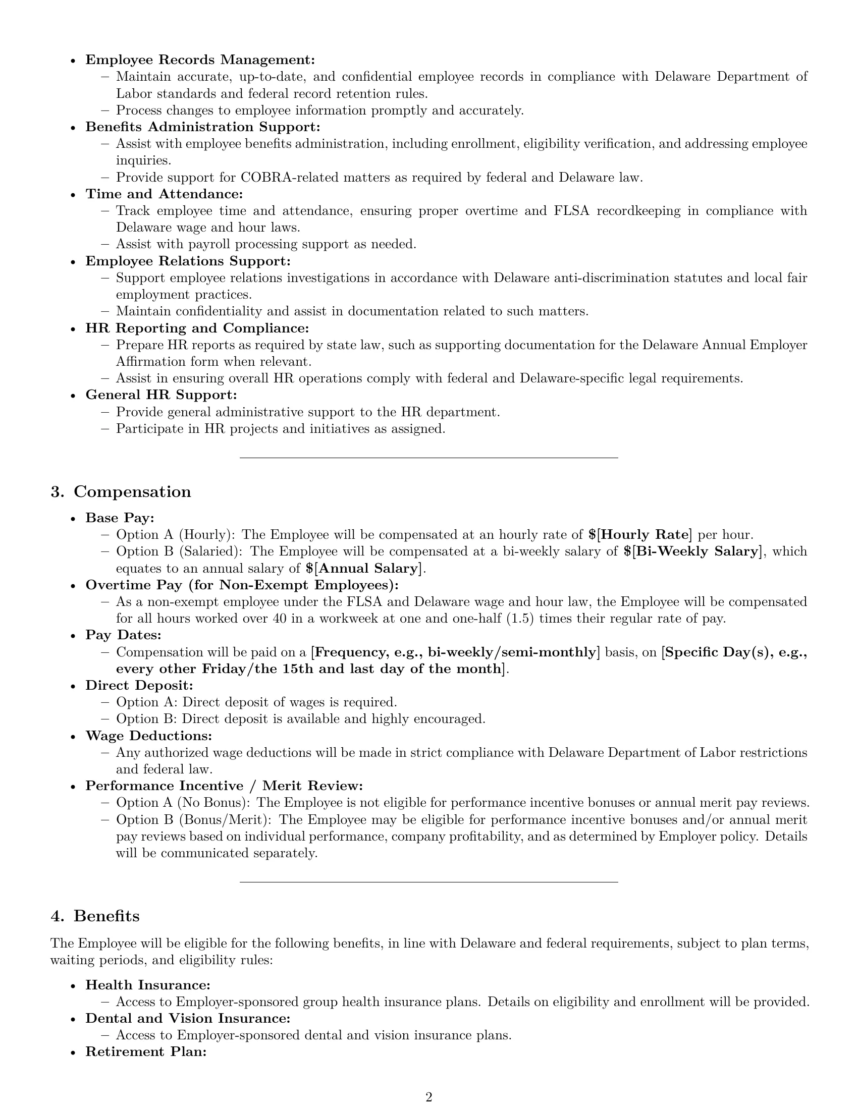 Preview page 2 of Pro Delaware HR assistant employment contract template