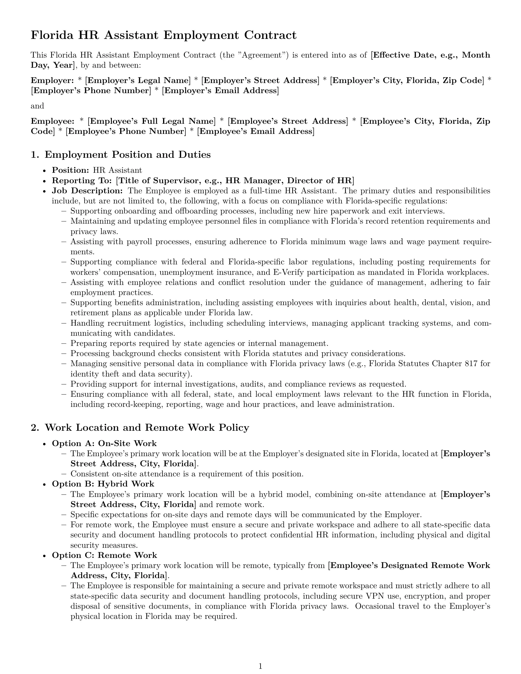 Preview page 1 of Pro Florida HR assistant employment contract template
