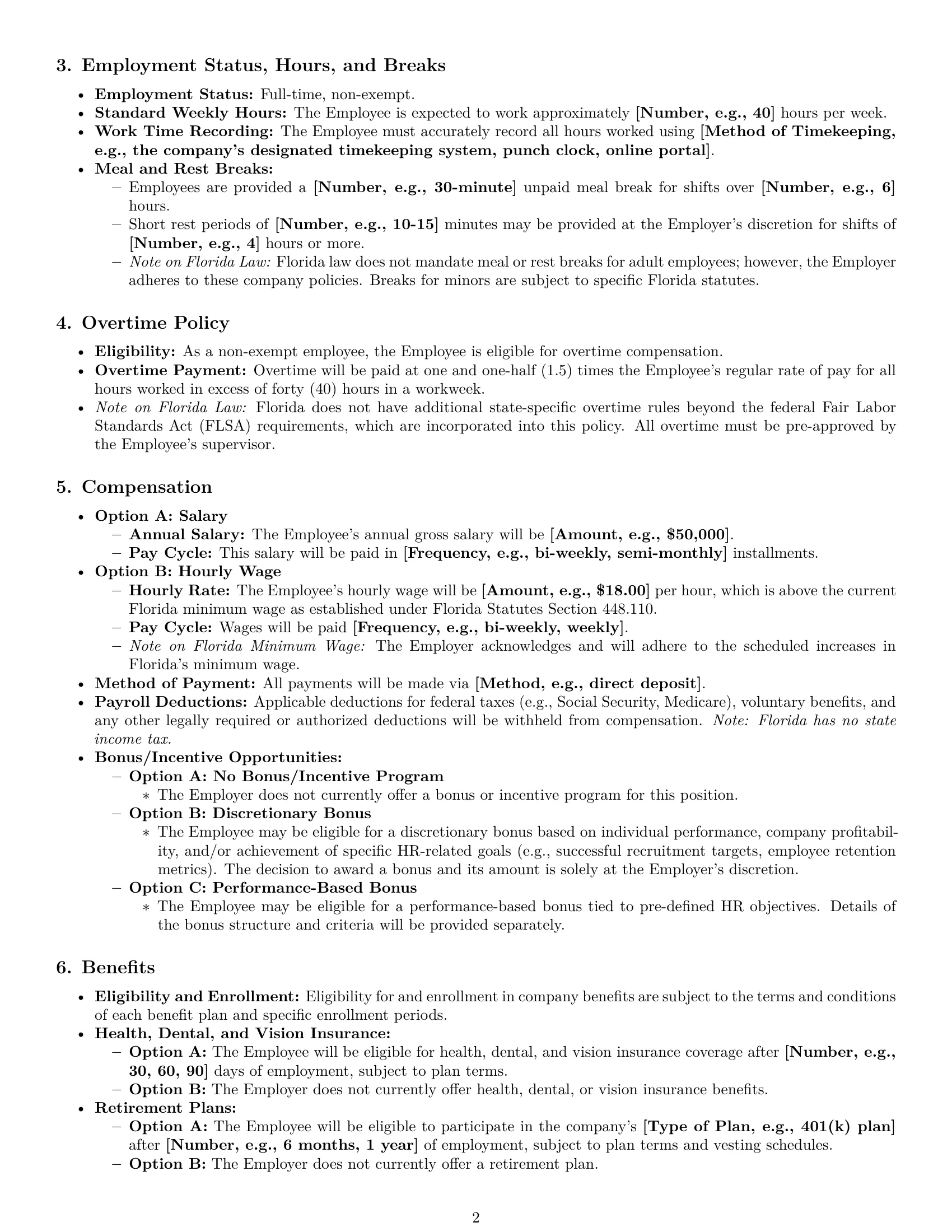 Preview page 2 of Pro Florida HR assistant employment contract template