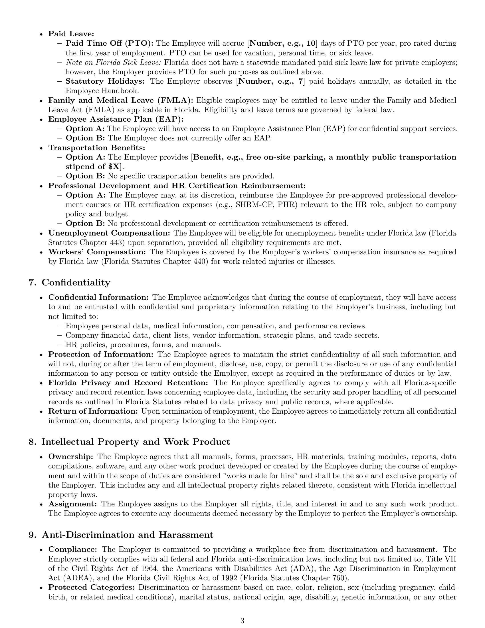 Preview page 3 of Pro Florida HR assistant employment contract template