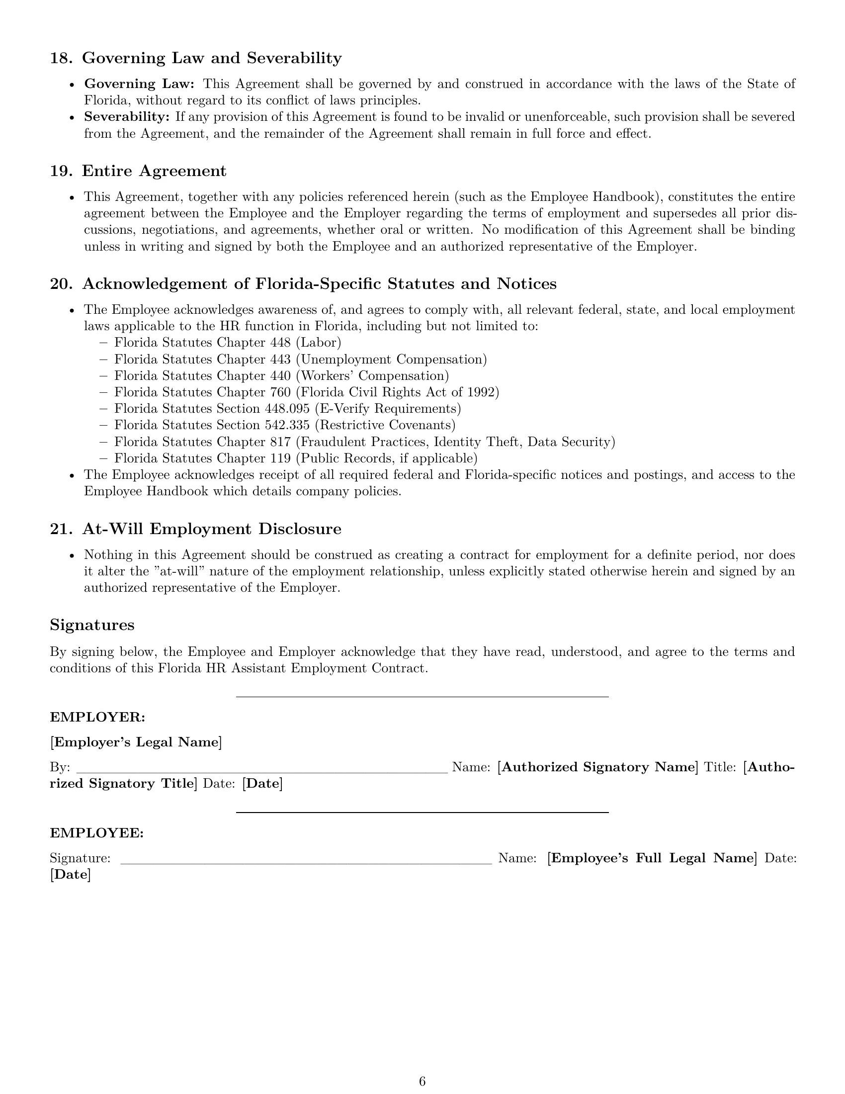 Preview page 6 of Pro Florida HR assistant employment contract template