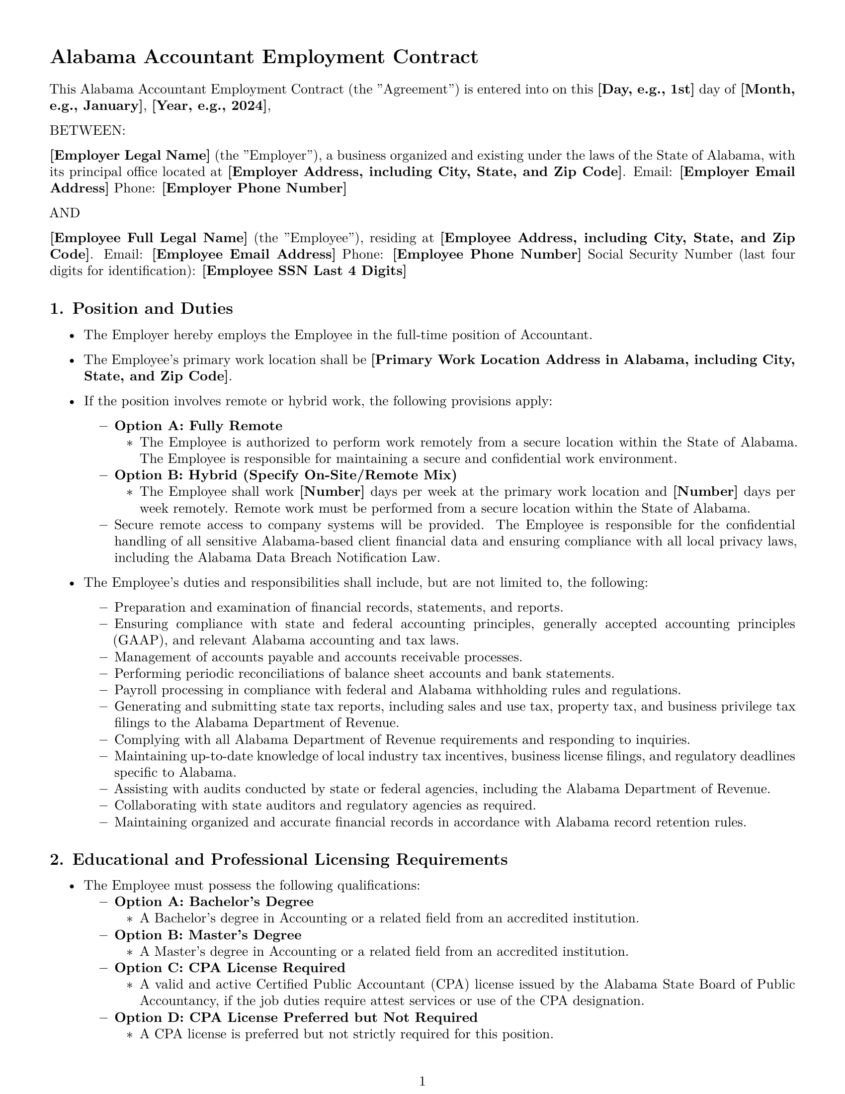 Preview page 1 of Pro Alabama accountant employment contract template