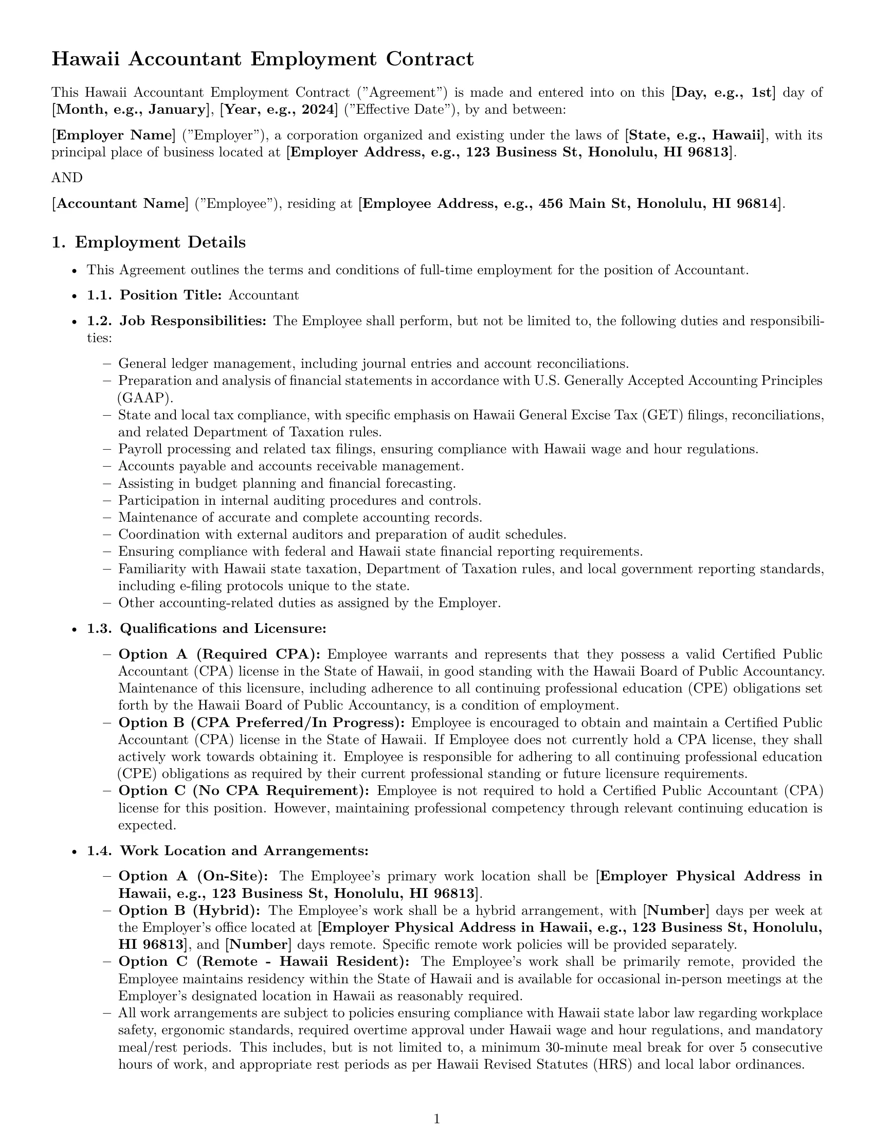 Preview page 1 of Pro Hawaii accountant employment contract template