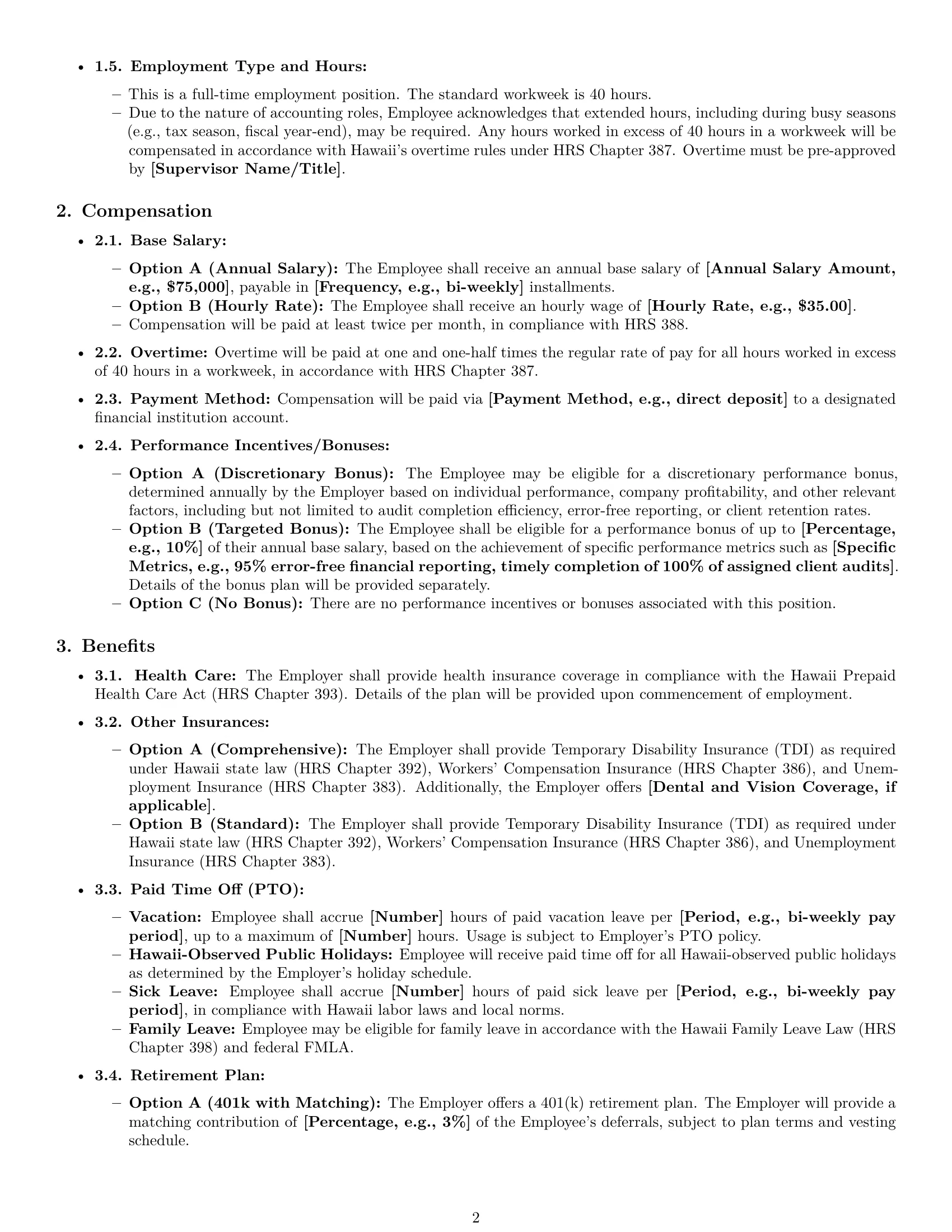 Preview page 2 of Pro Hawaii accountant employment contract template
