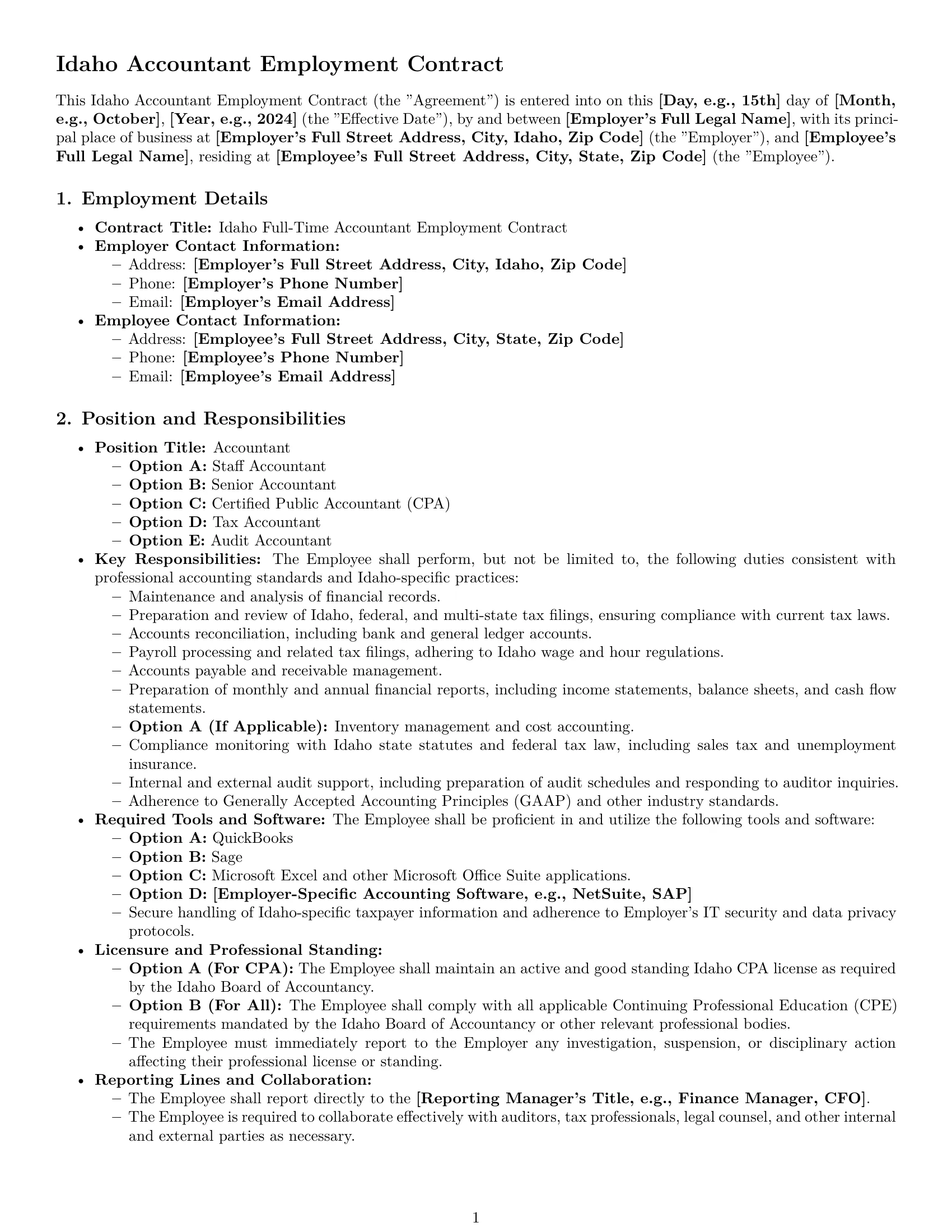 Preview page 1 of Pro Idaho accountant employment contract template