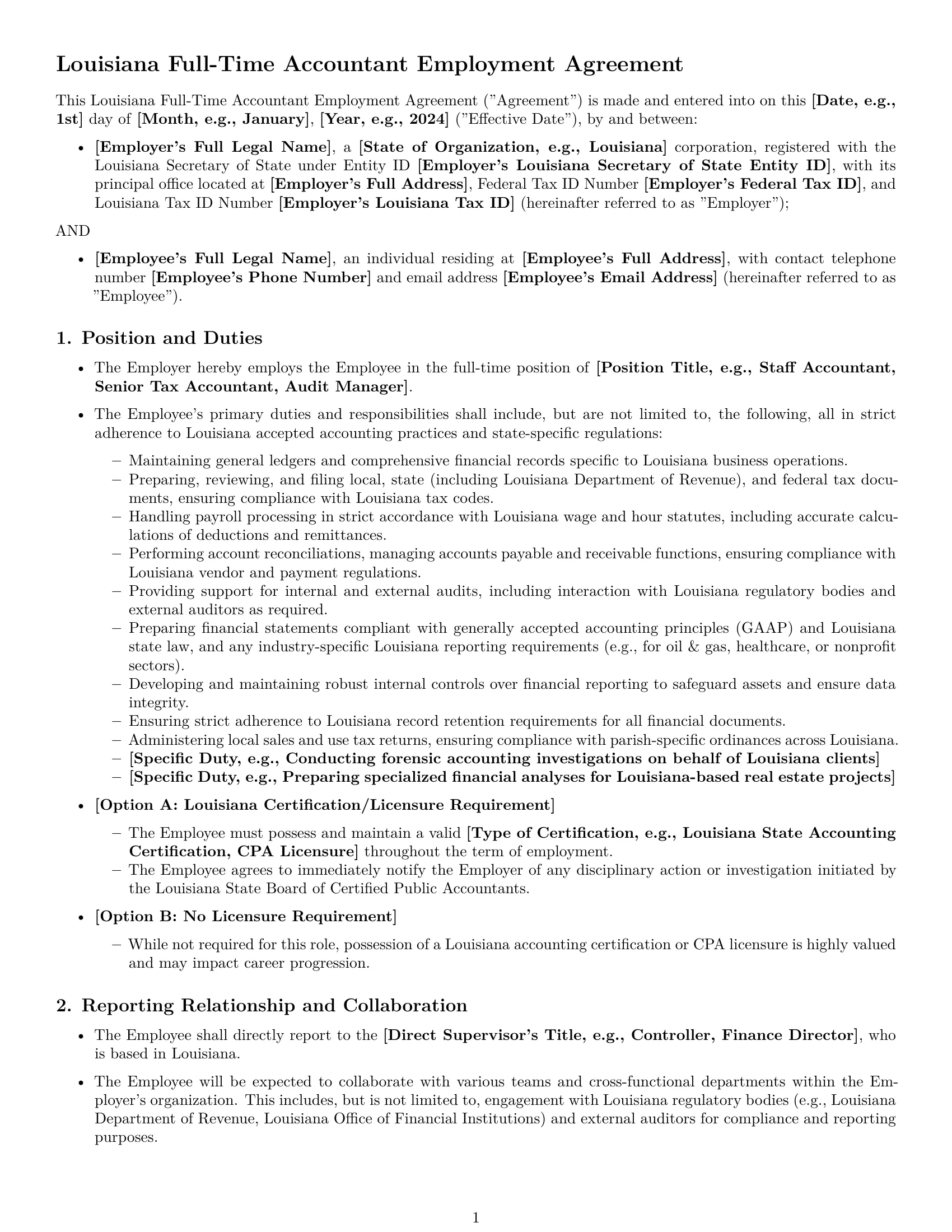 Preview page 1 of Pro Louisiana accountant employment contract template
