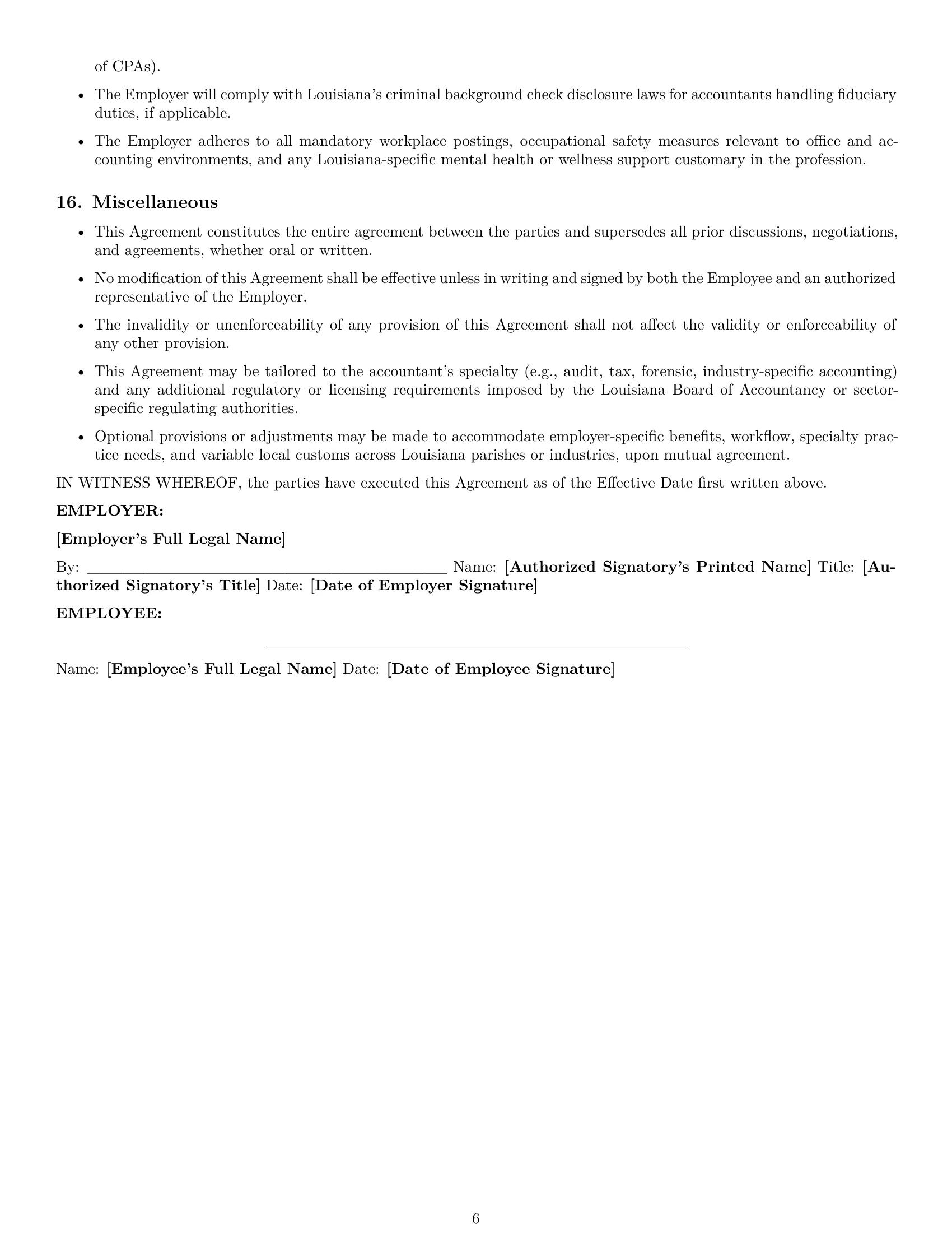 Preview page 6 of Pro Louisiana accountant employment contract template