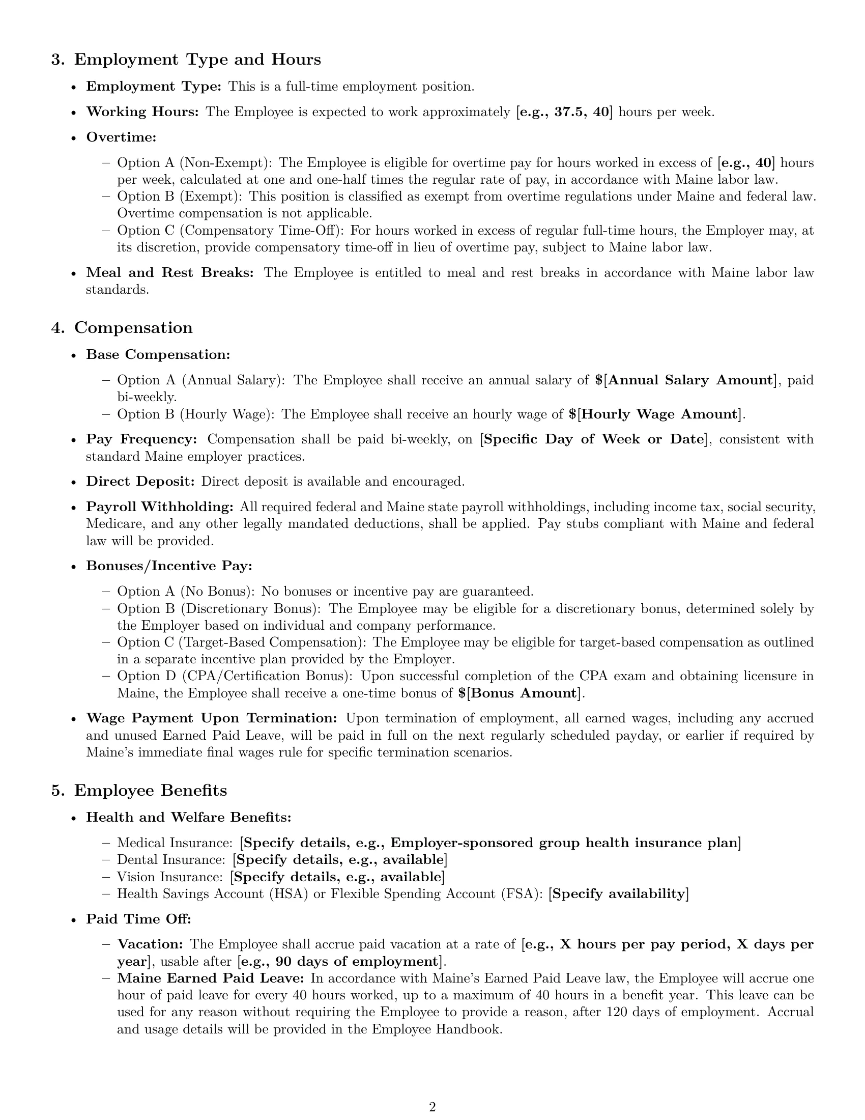 Preview page 2 of Pro Maine accountant employment contract template