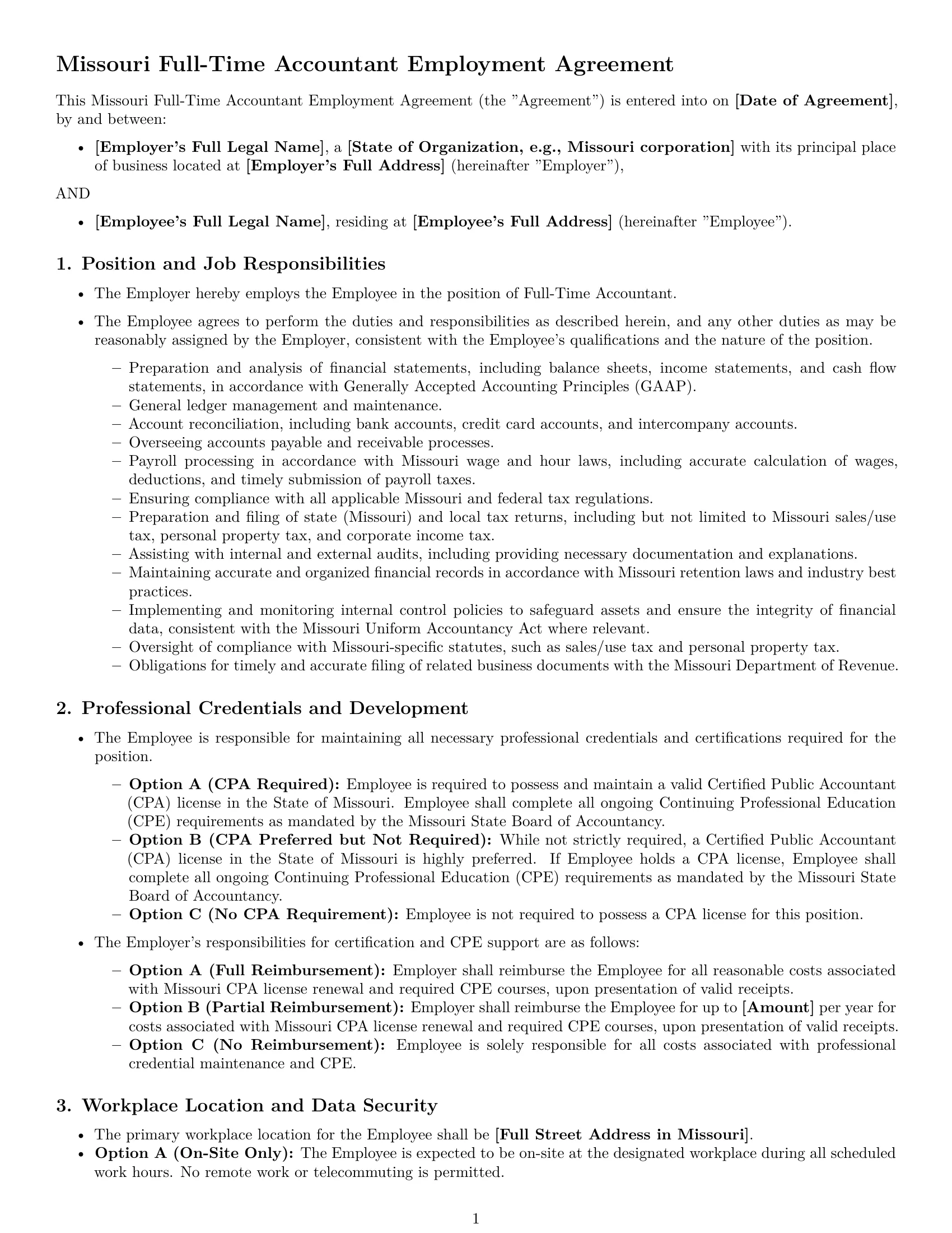 Preview page 1 of Pro Missouri accountant employment contract template