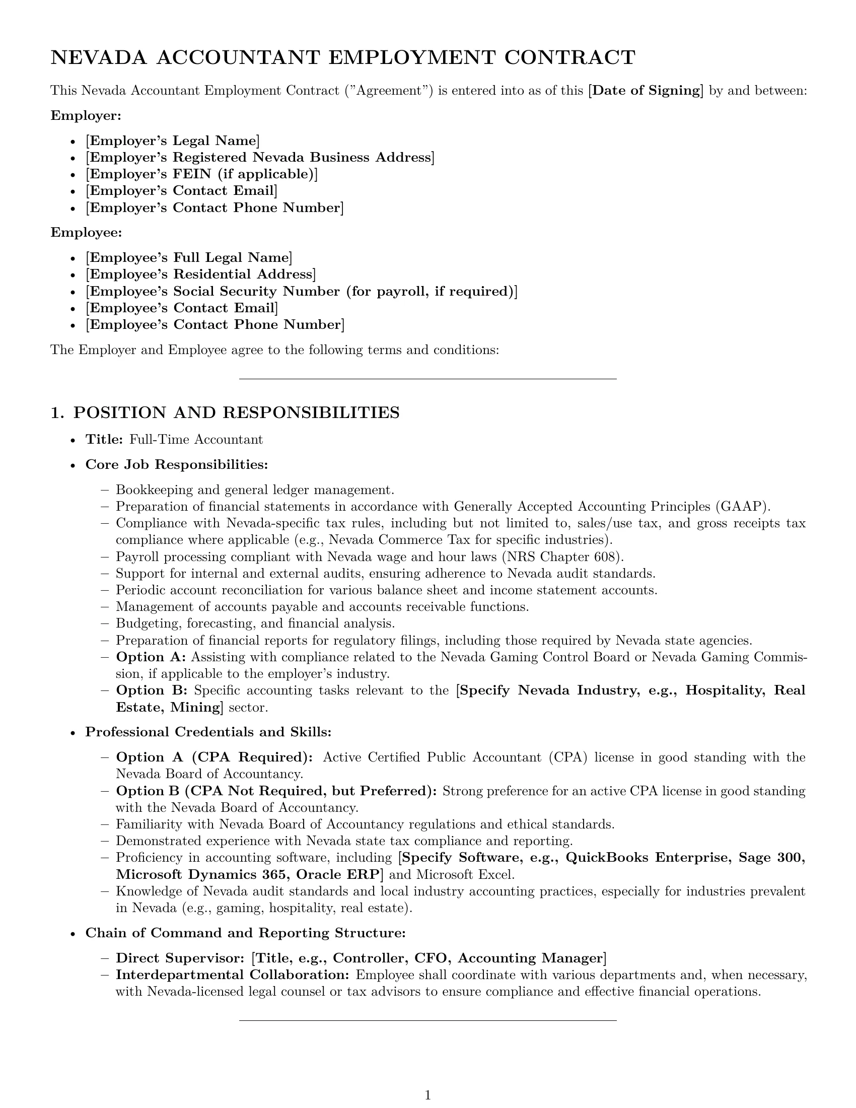 Preview page 1 of Pro Nevada accountant employment contract template