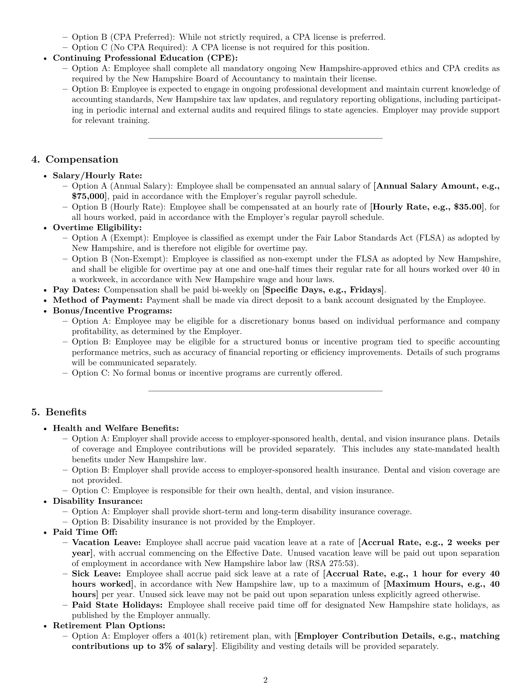 Preview page 2 of Pro New Hampshire accountant employment contract template