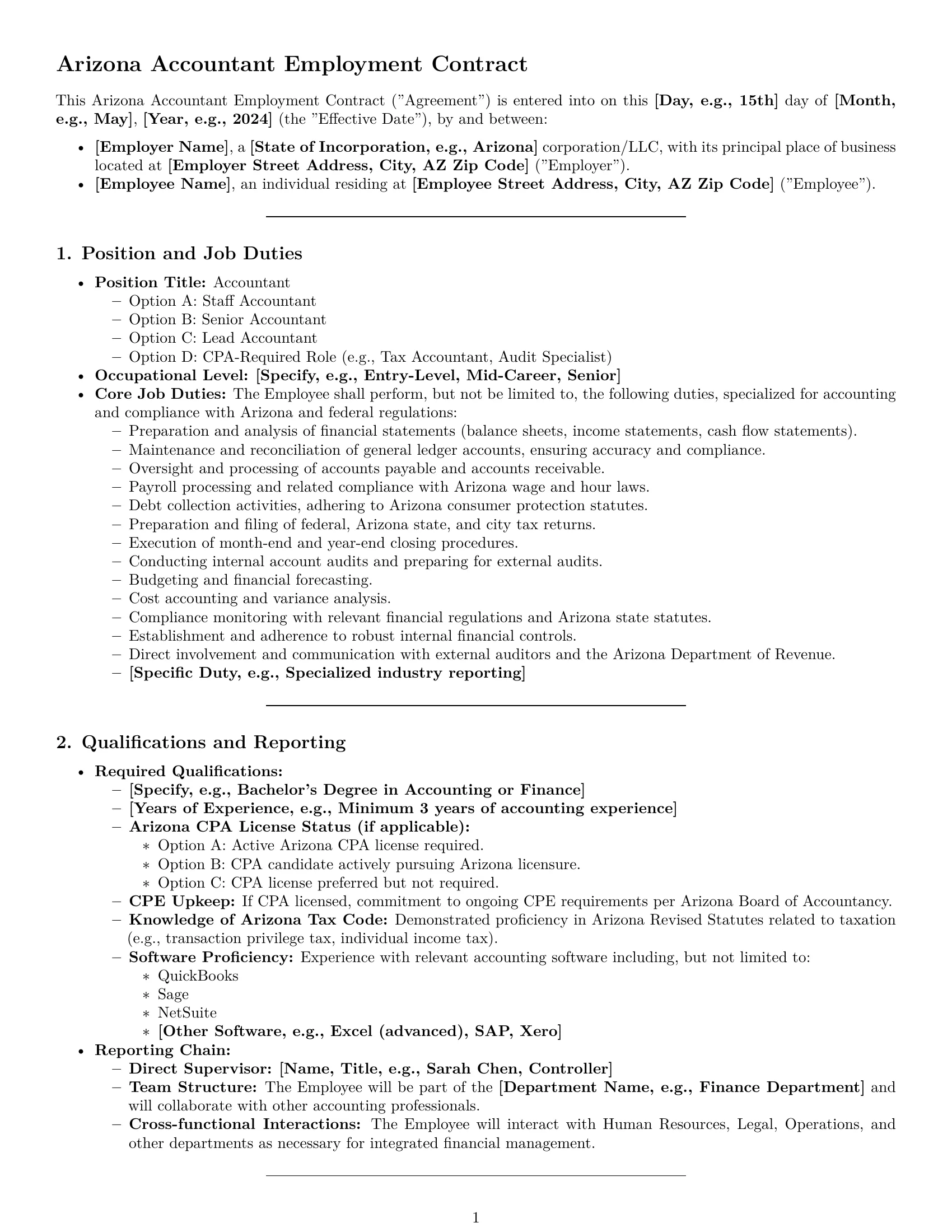 Preview page 1 of Pro Arizona accountant employment contract template