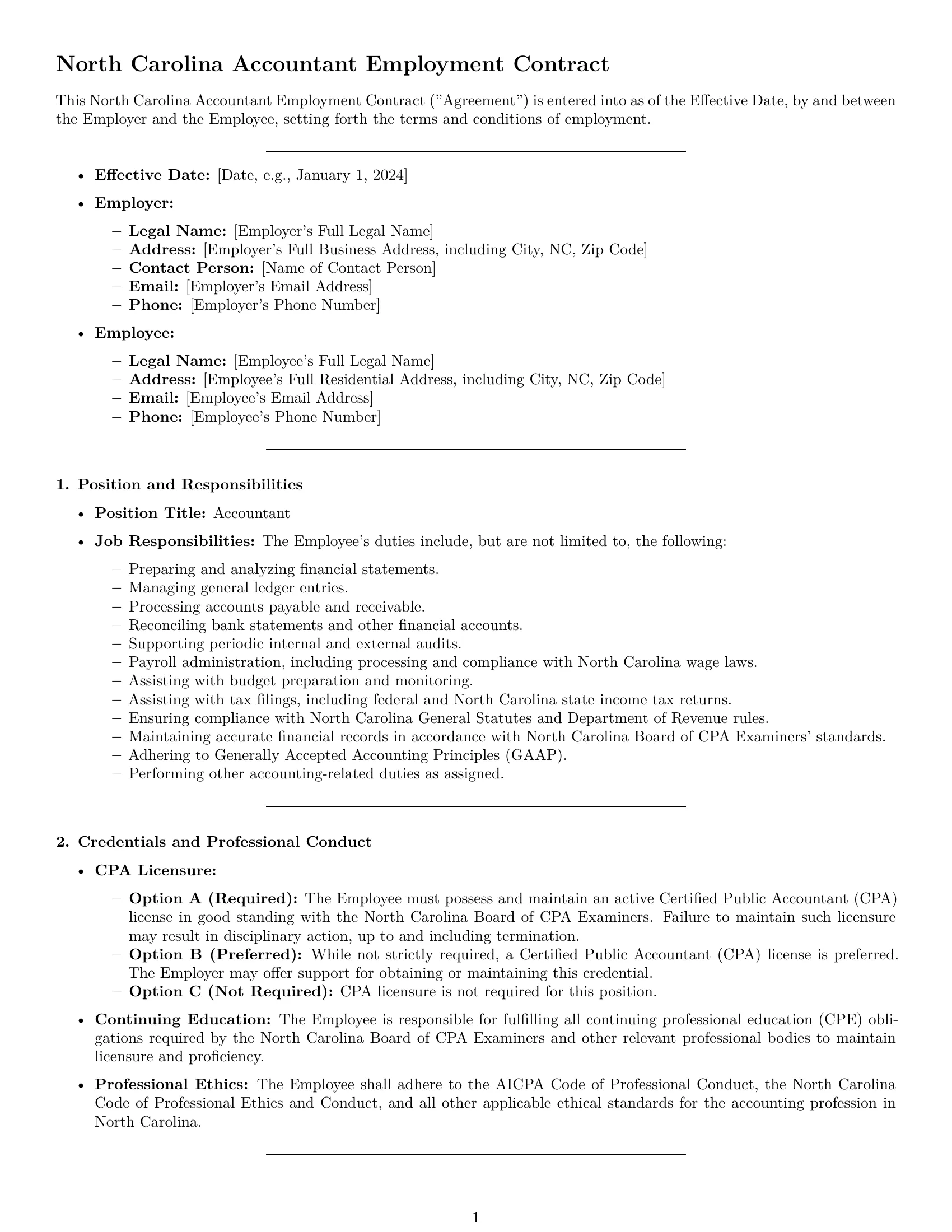 Preview page 1 of Pro North Carolina accountant employment contract template