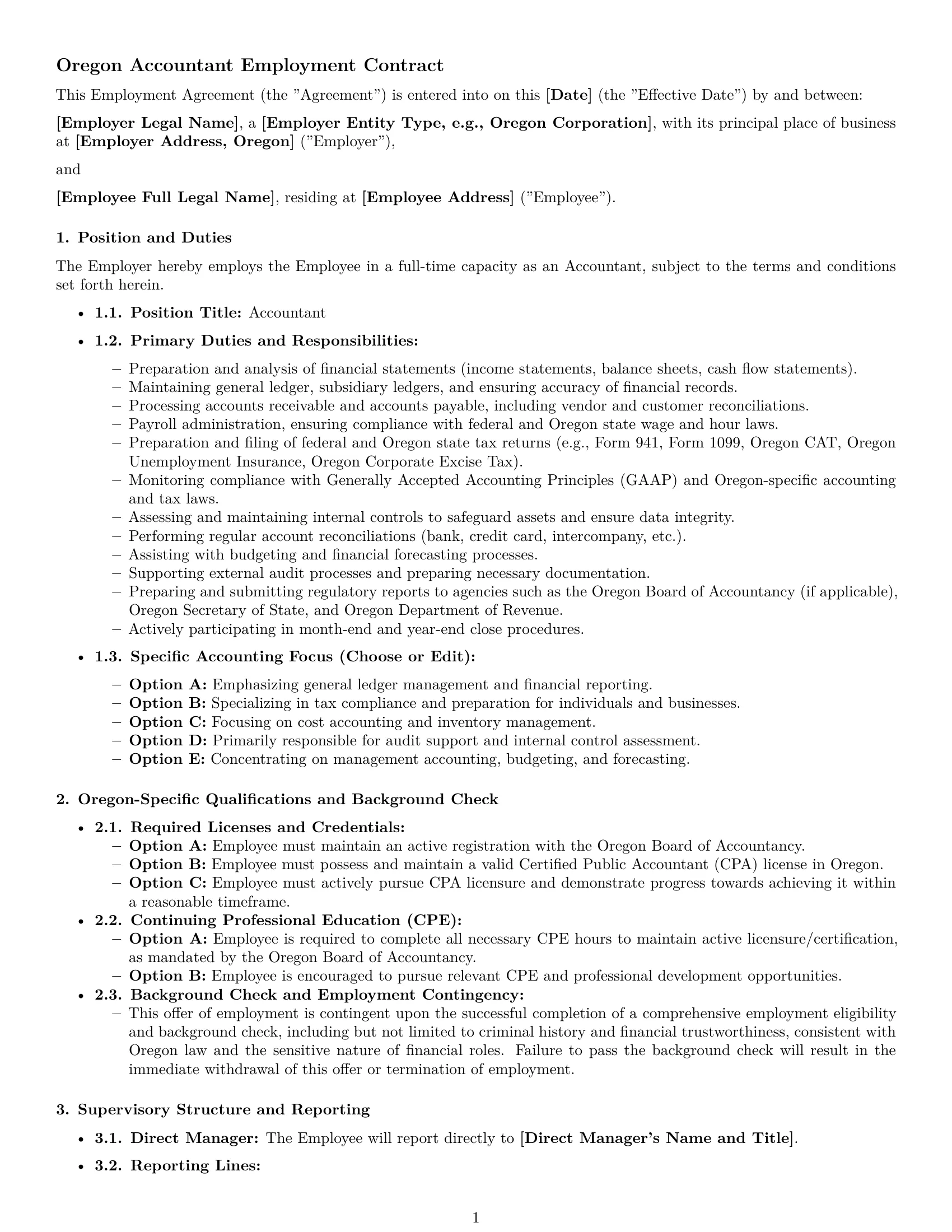 Preview page 1 of Pro Oregon accountant employment contract template