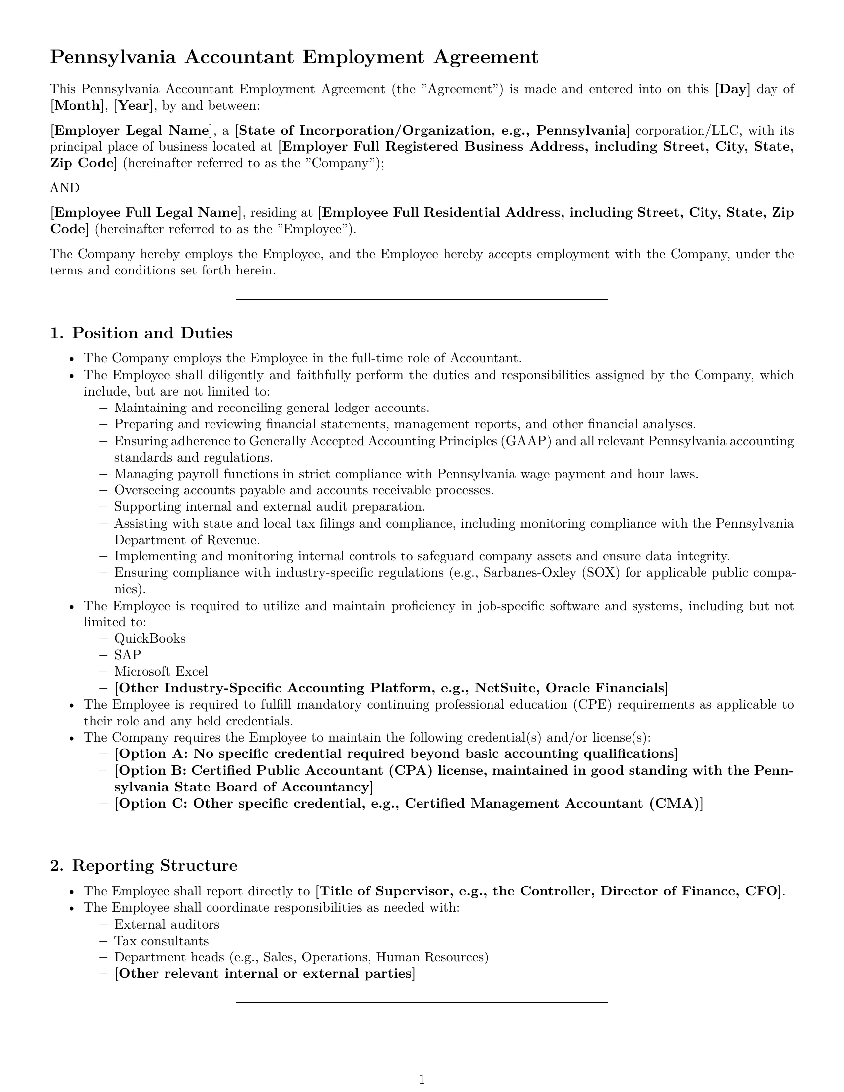 Preview page 1 of Pro Pennsylvania accountant employment contract template
