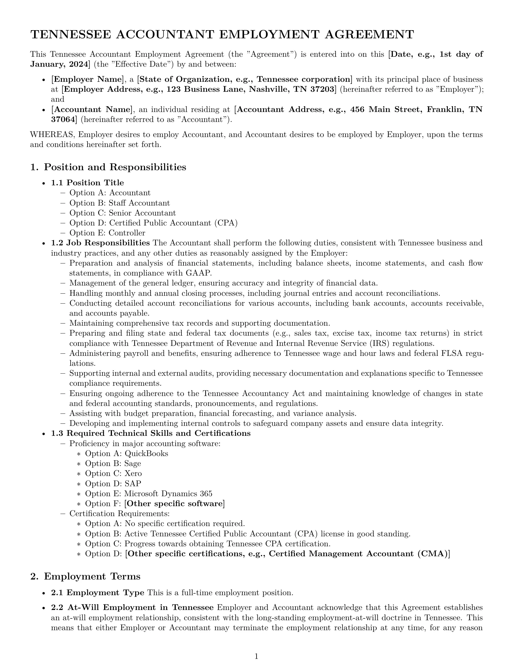 Preview page 1 of Pro Tennessee accountant employment contract template