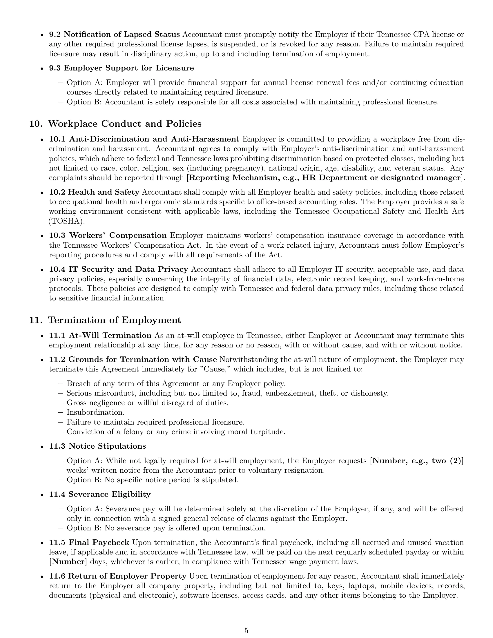 Preview page 5 of Pro Tennessee accountant employment contract template
