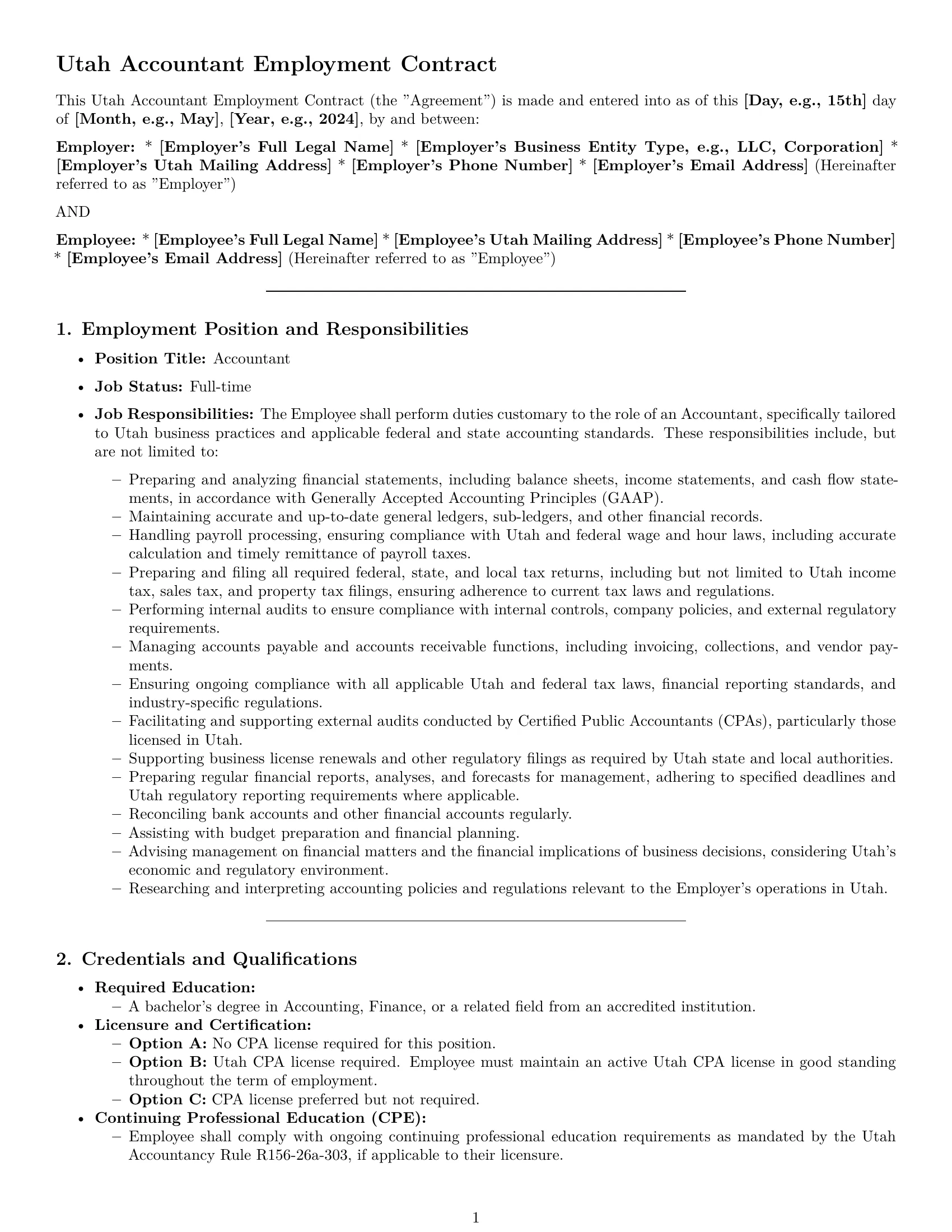 Preview page 1 of Pro Utah accountant employment contract template