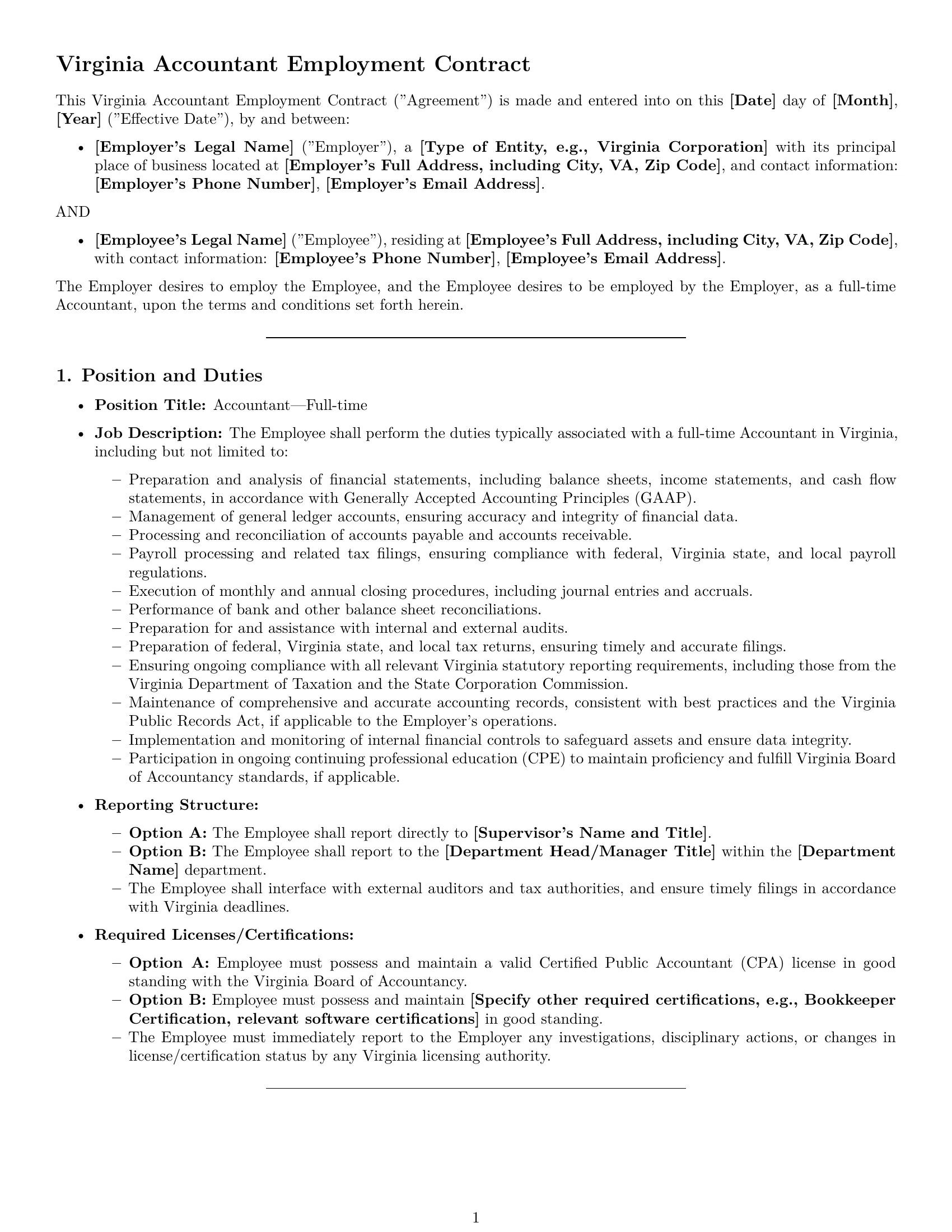 Preview page 1 of Pro Virginia accountant employment contract template