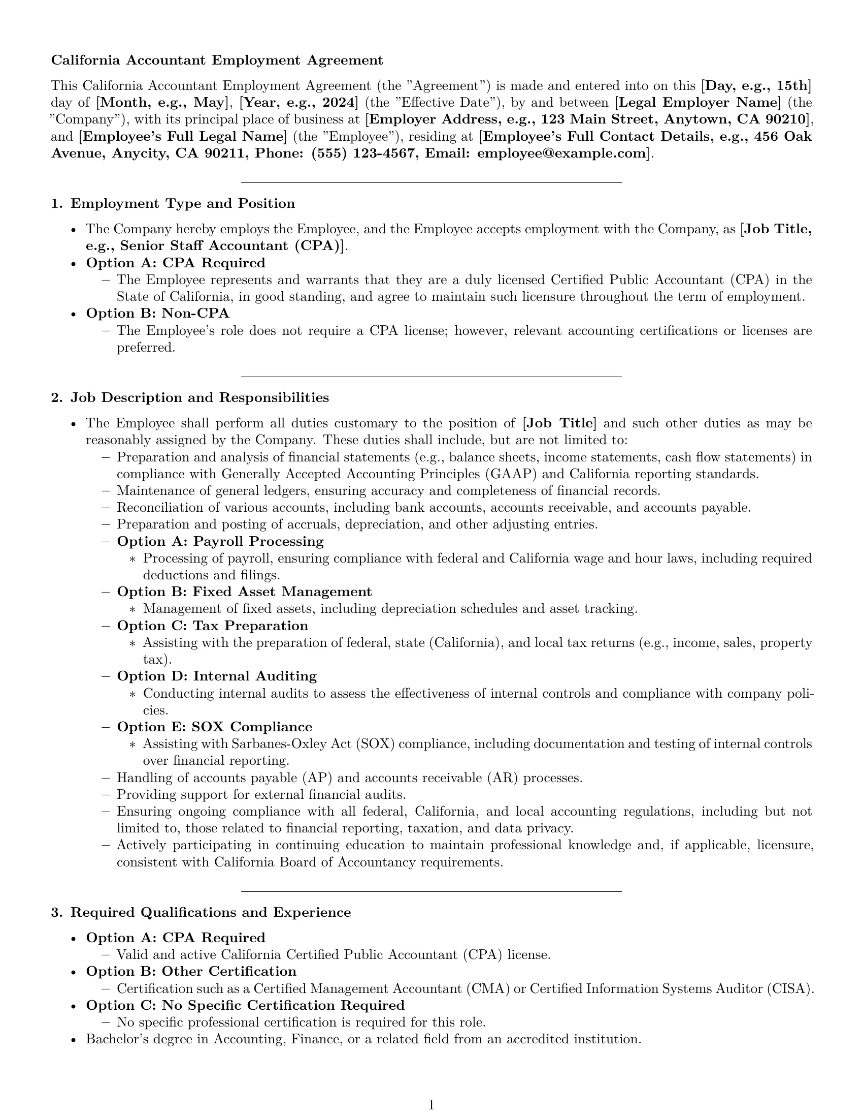 Preview page 1 of Pro California accountant employment contract template
