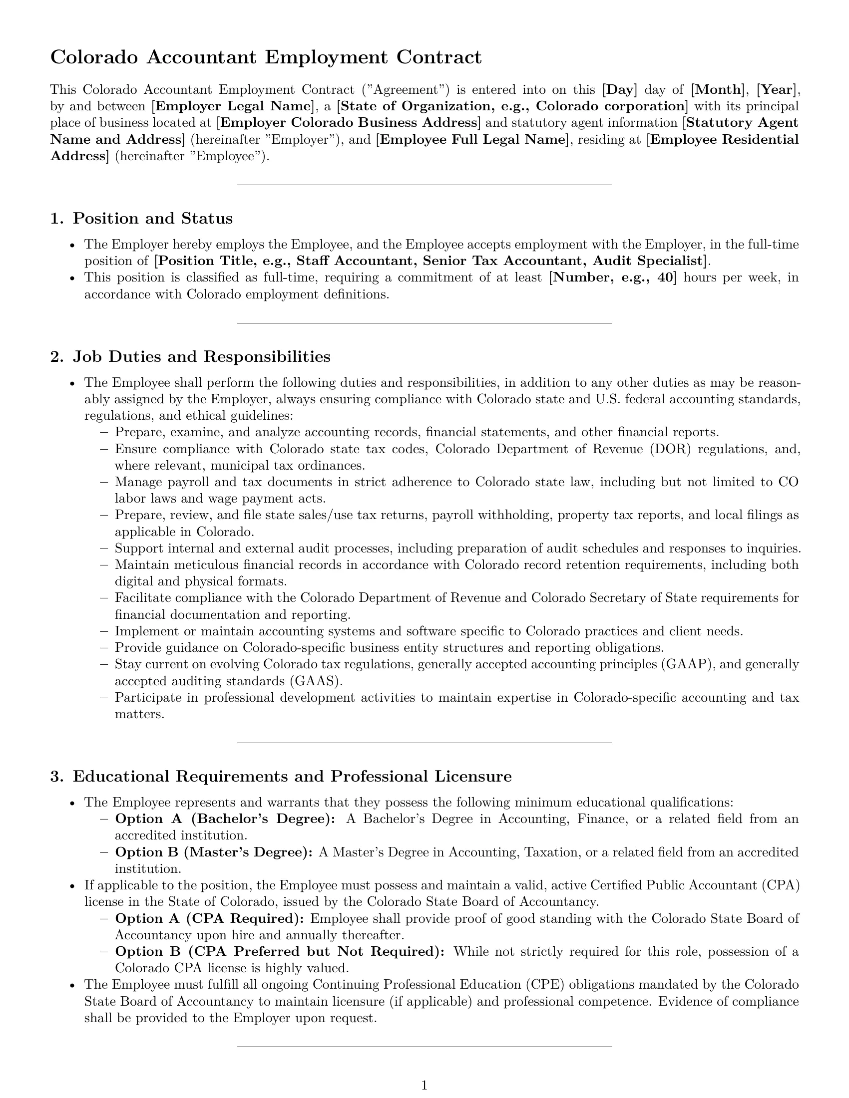 Preview page 1 of Pro Colorado accountant employment contract template