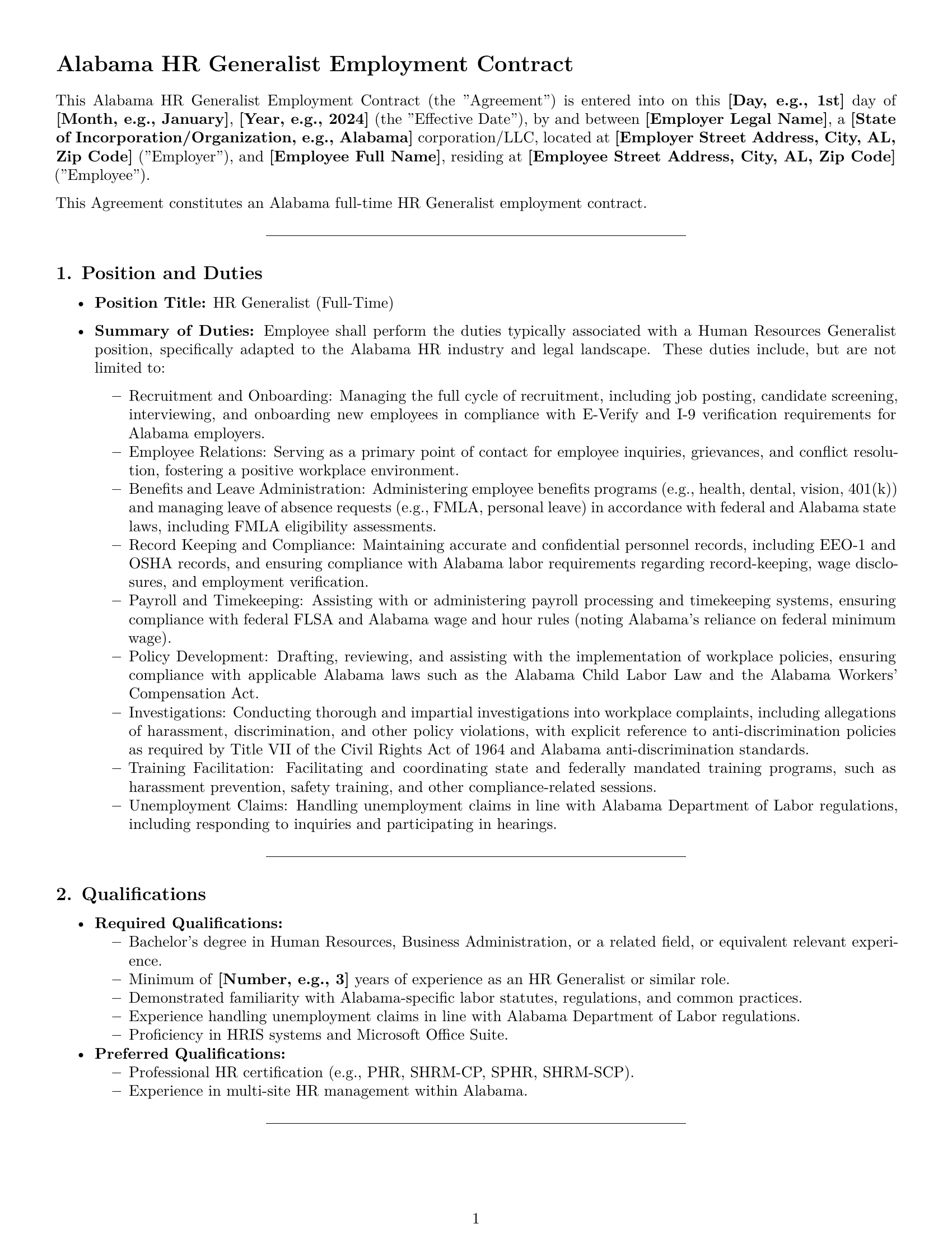 Preview page 1 of Pro Alabama HR generalist employment contract template