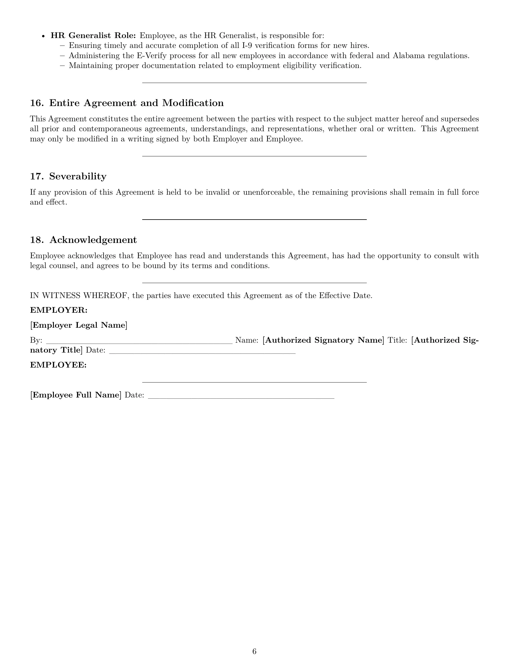 Preview page 6 of Pro Alabama HR generalist employment contract template