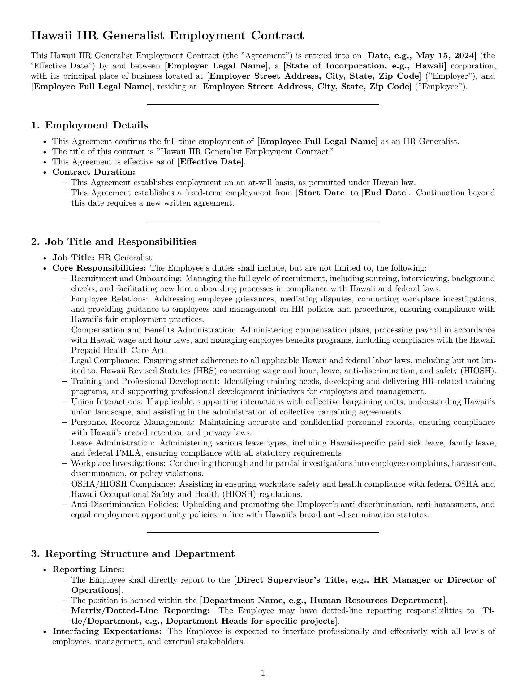 Preview page 1 of Pro Hawaii HR generalist employment contract template