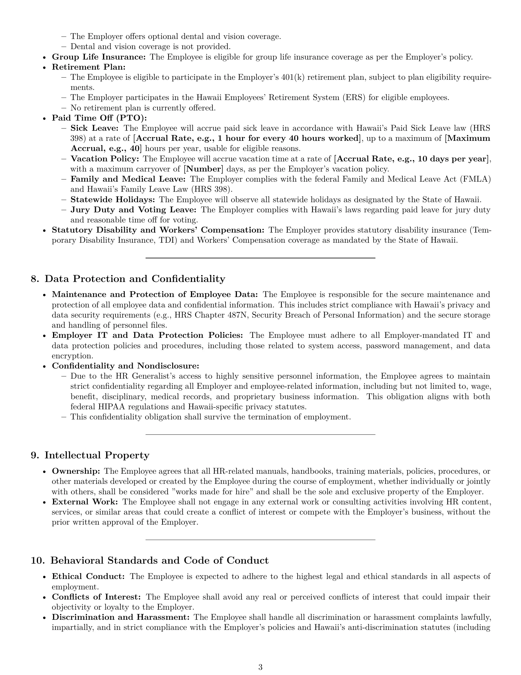 Preview page 3 of Pro Hawaii HR generalist employment contract template