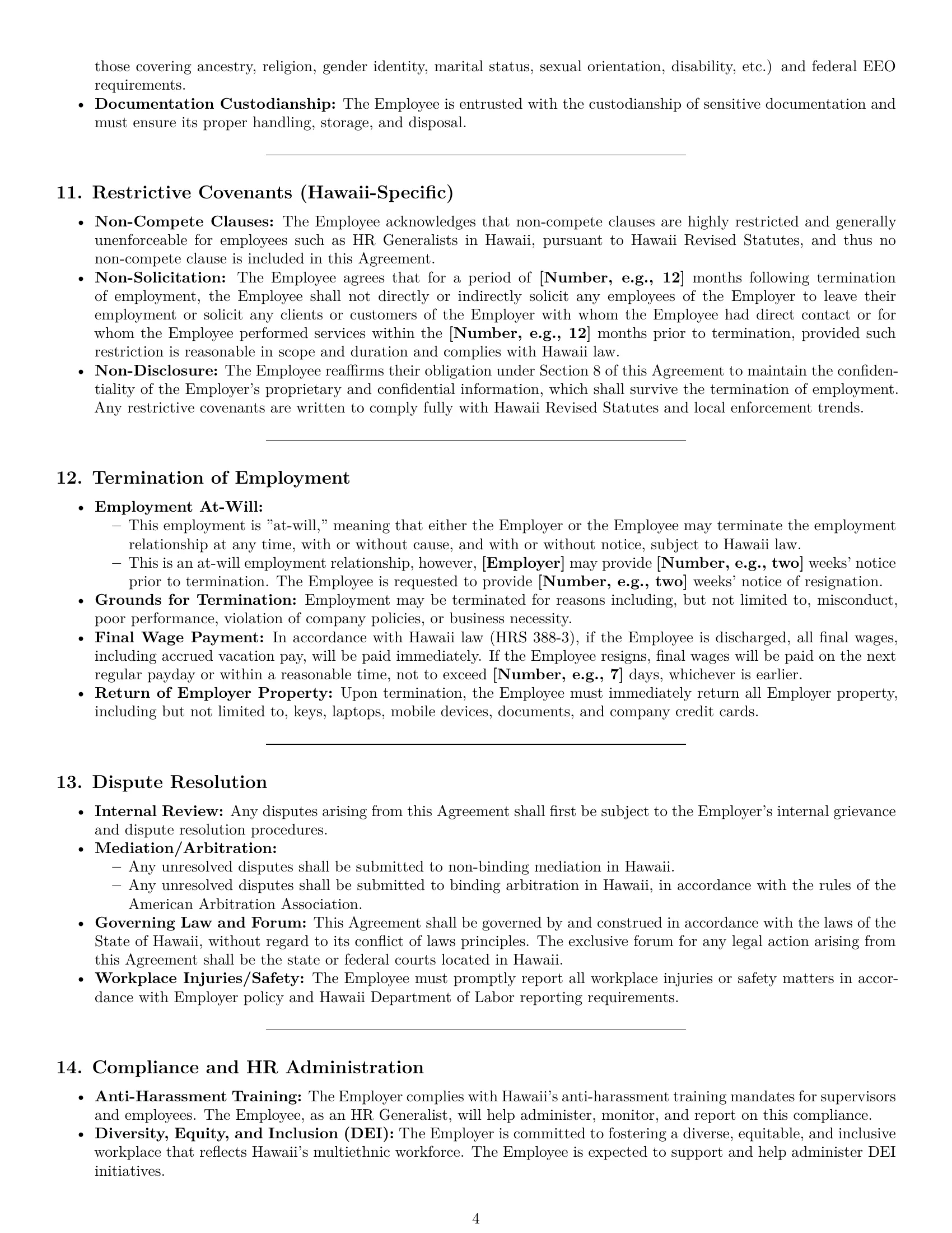 Preview page 4 of Pro Hawaii HR generalist employment contract template